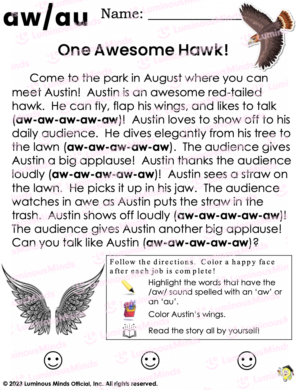 Reading Comprehension Worksheets One Awesome Hawk Reading Practice With The AW And AU Sound