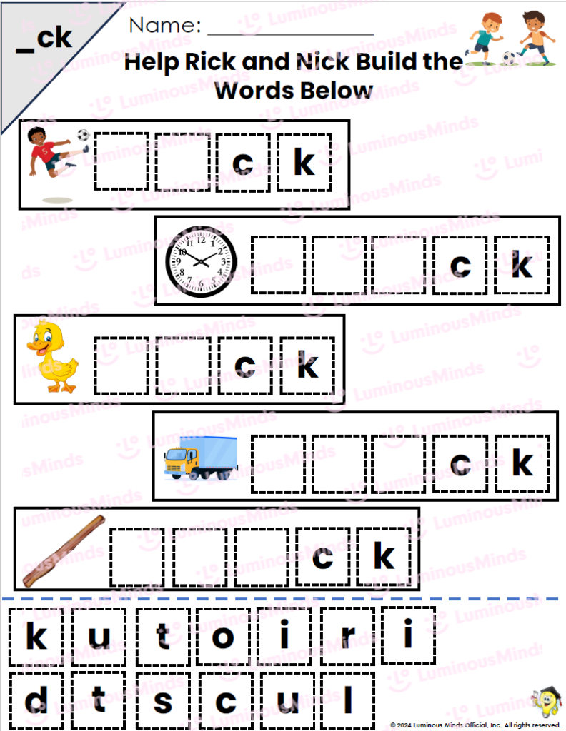 Reading Comprehension Worksheets Word Building Practice With Ending Digraph ck 