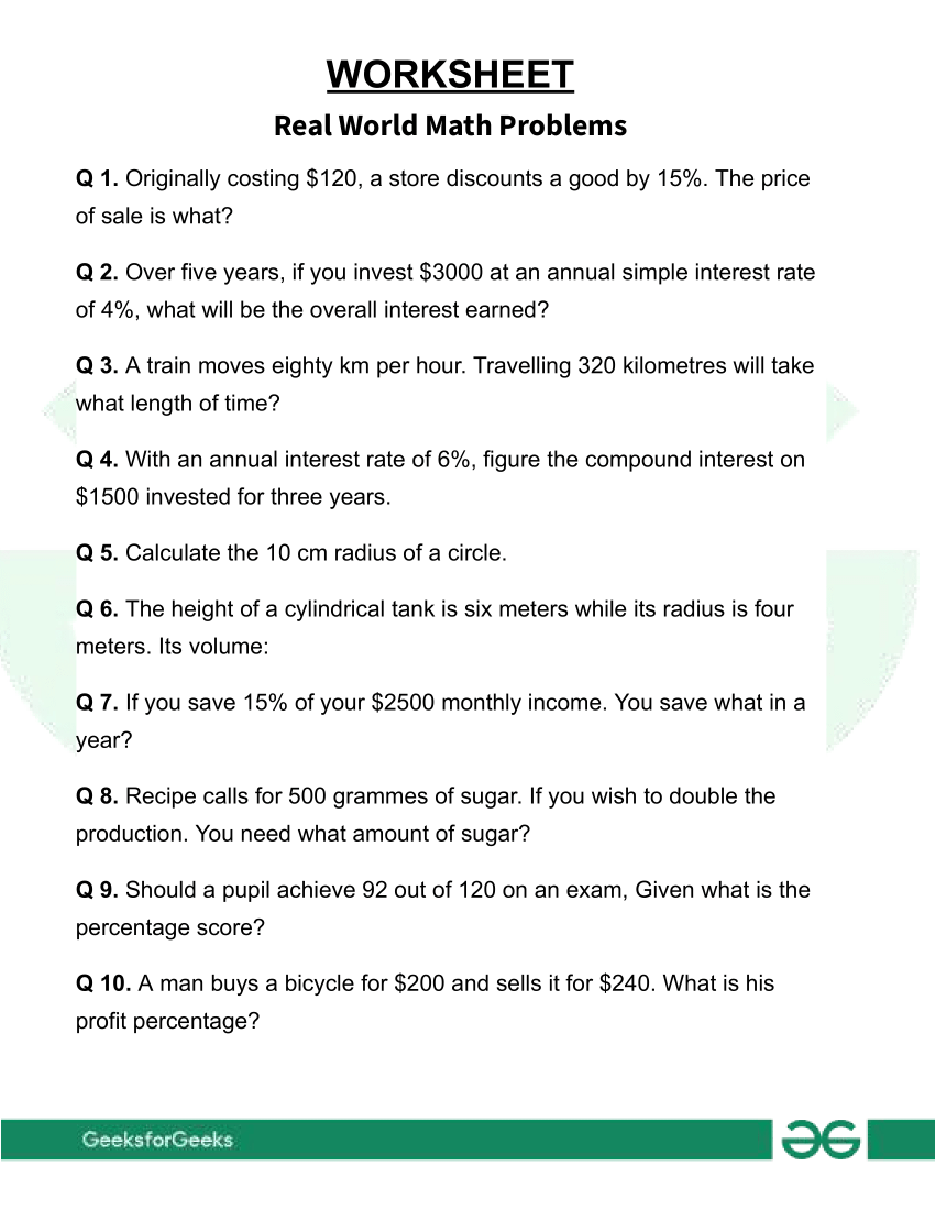 Real World Math Problems Worksheets GeeksforGeeks