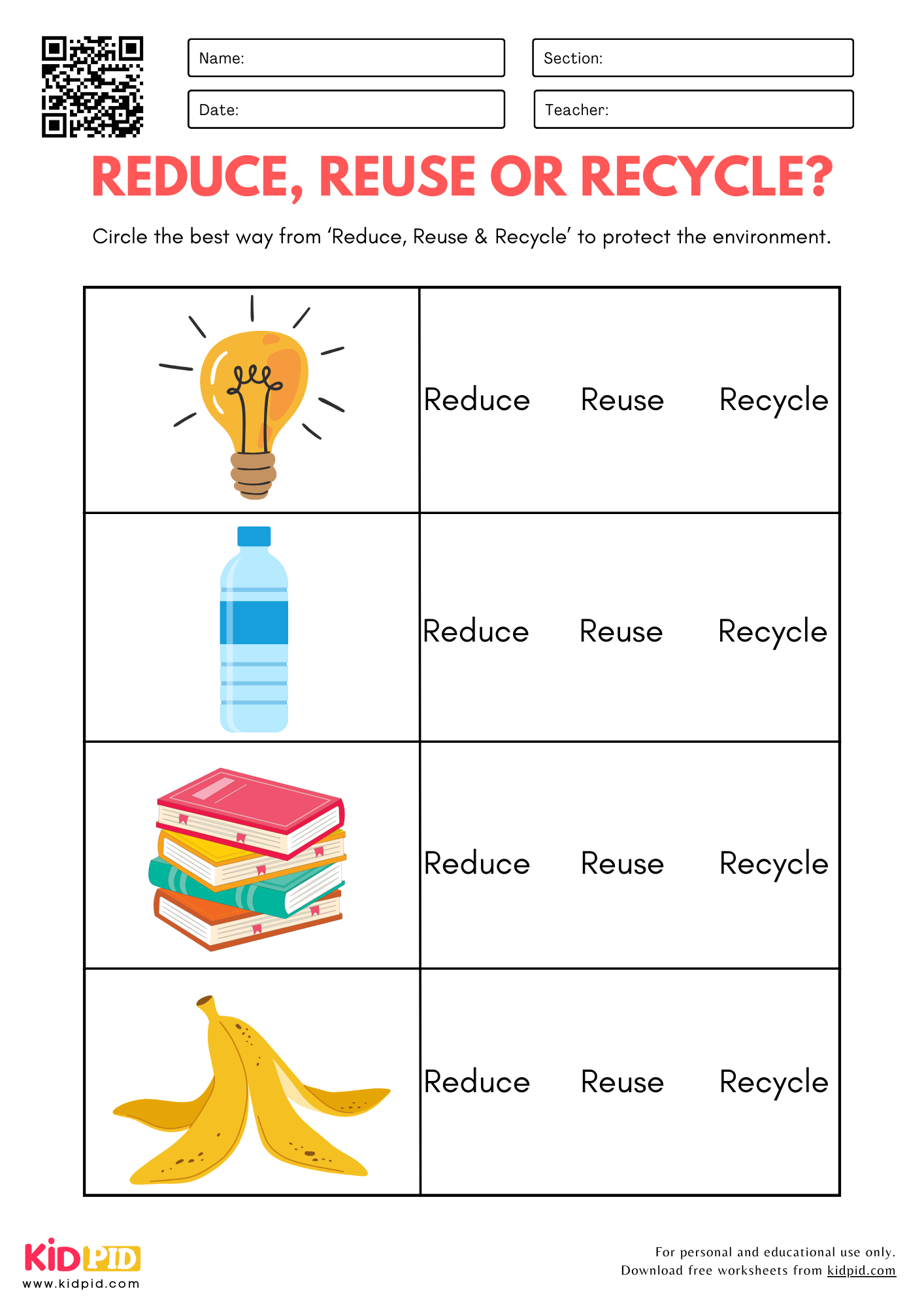 Reduce Reuse Recycle Short Reading Comprehension Creative Worksheet