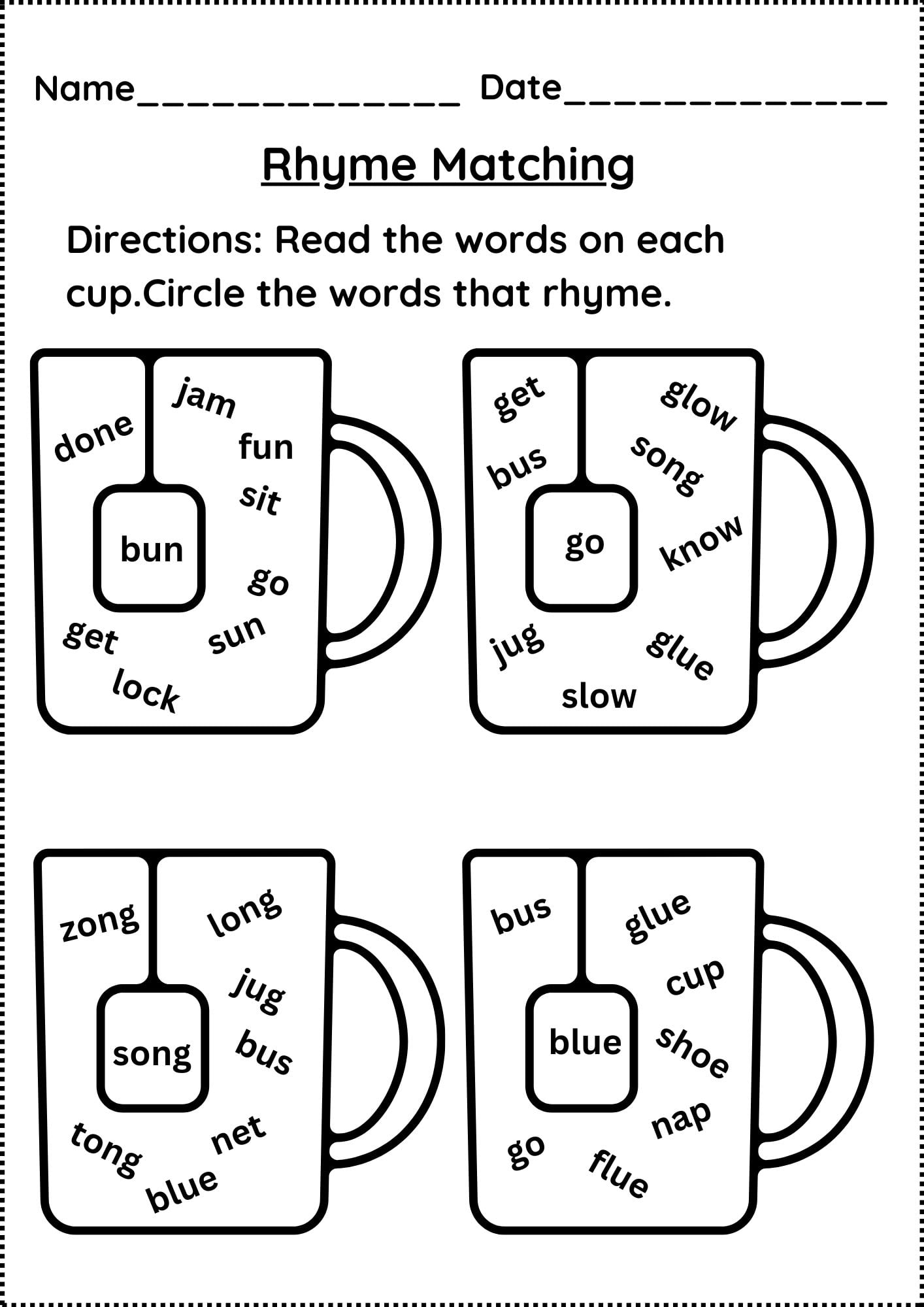 rhyming worksheet kindergarten