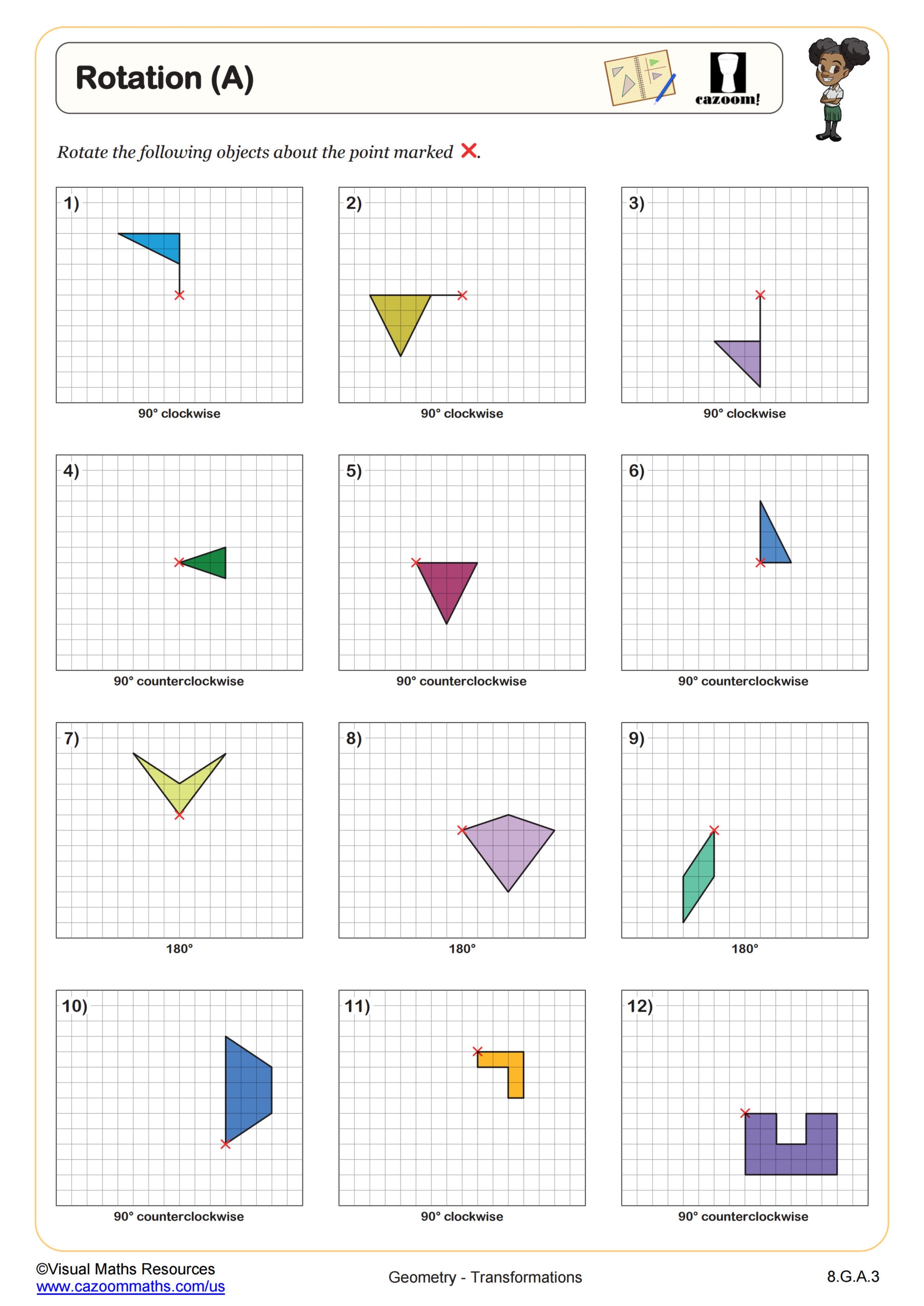 Rotations A Worksheet PDF Printable Geometry Worksheet Cazoom Math