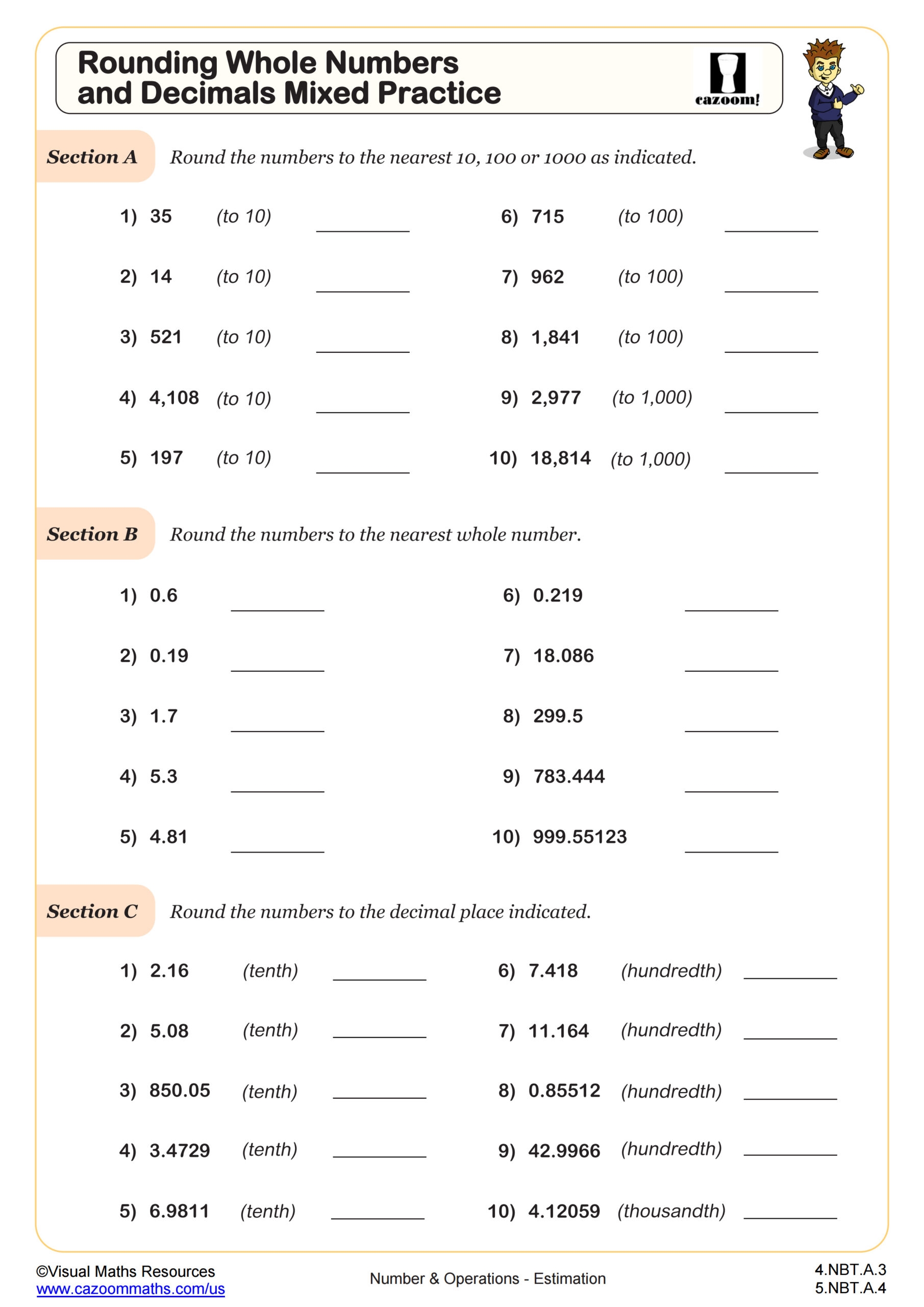 Rounding Whole Numbers And Decimals Mixed Practice Worksheet PDF Printable Number Operations Worksheet Cazoom Math
