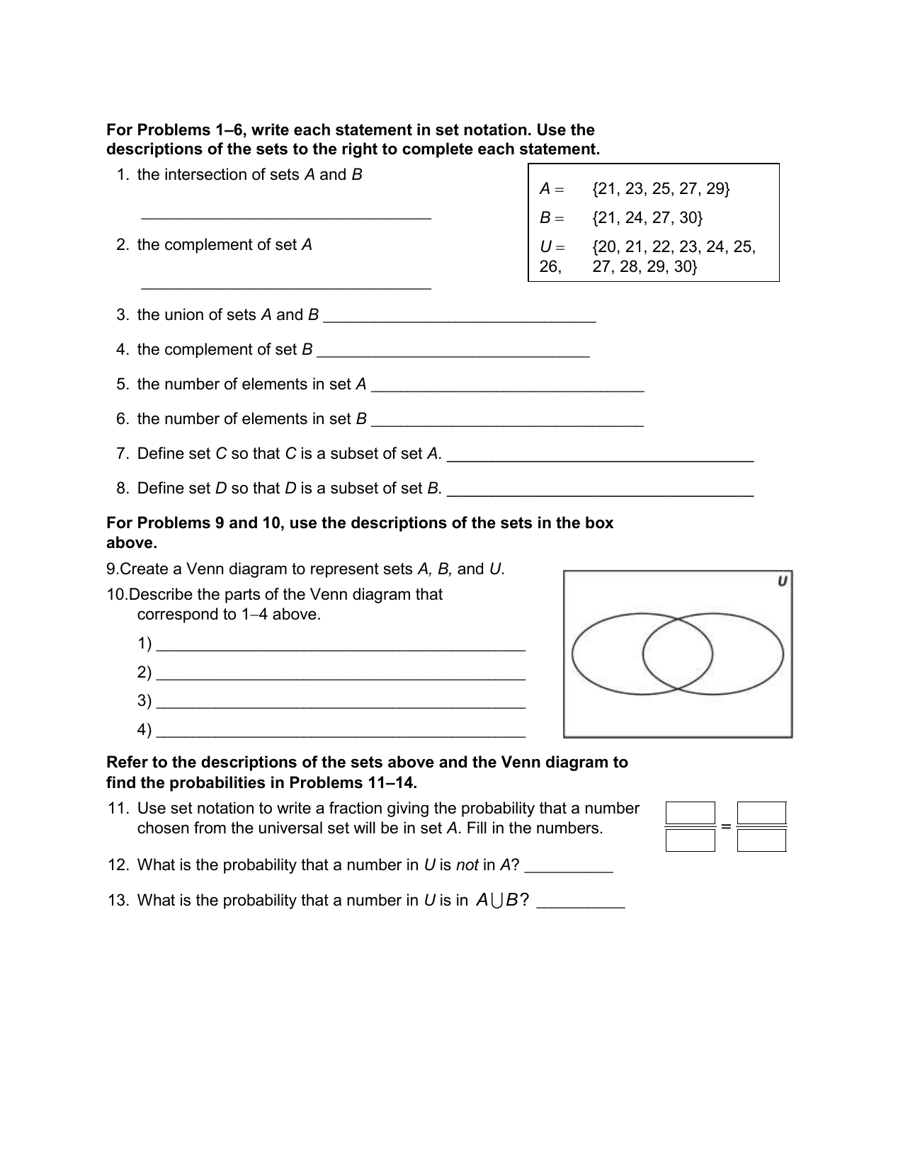 Set Theory Worksheet Intersections Unions Complements Set Theory Worksheet Intersections Unions Complements