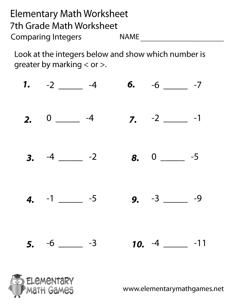 Seventh Grade Comparing Integers Worksheet Seventh Grade Comparing Integers Worksheet