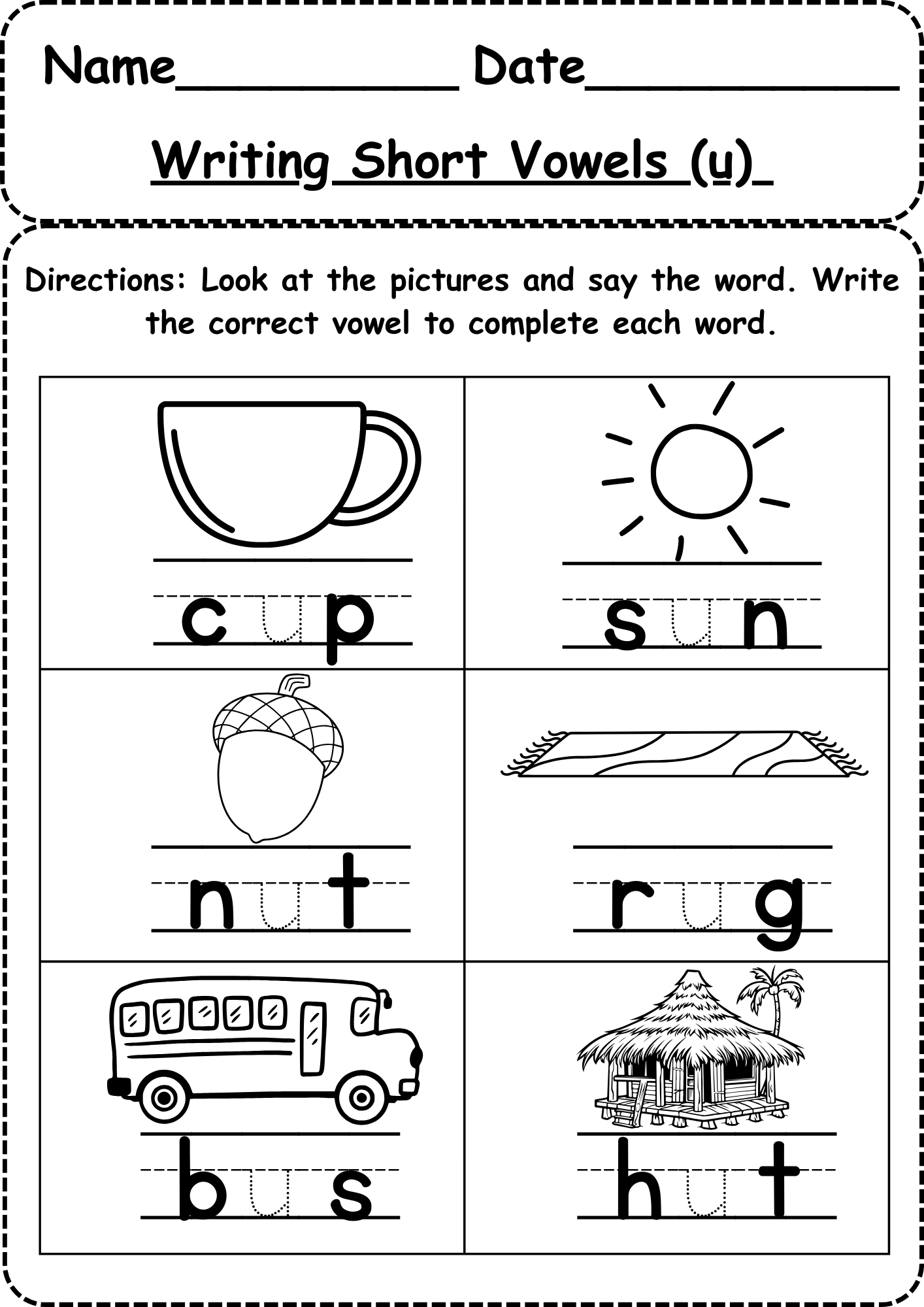 Short Vowel U Words Worksheet Free For Kindergarten