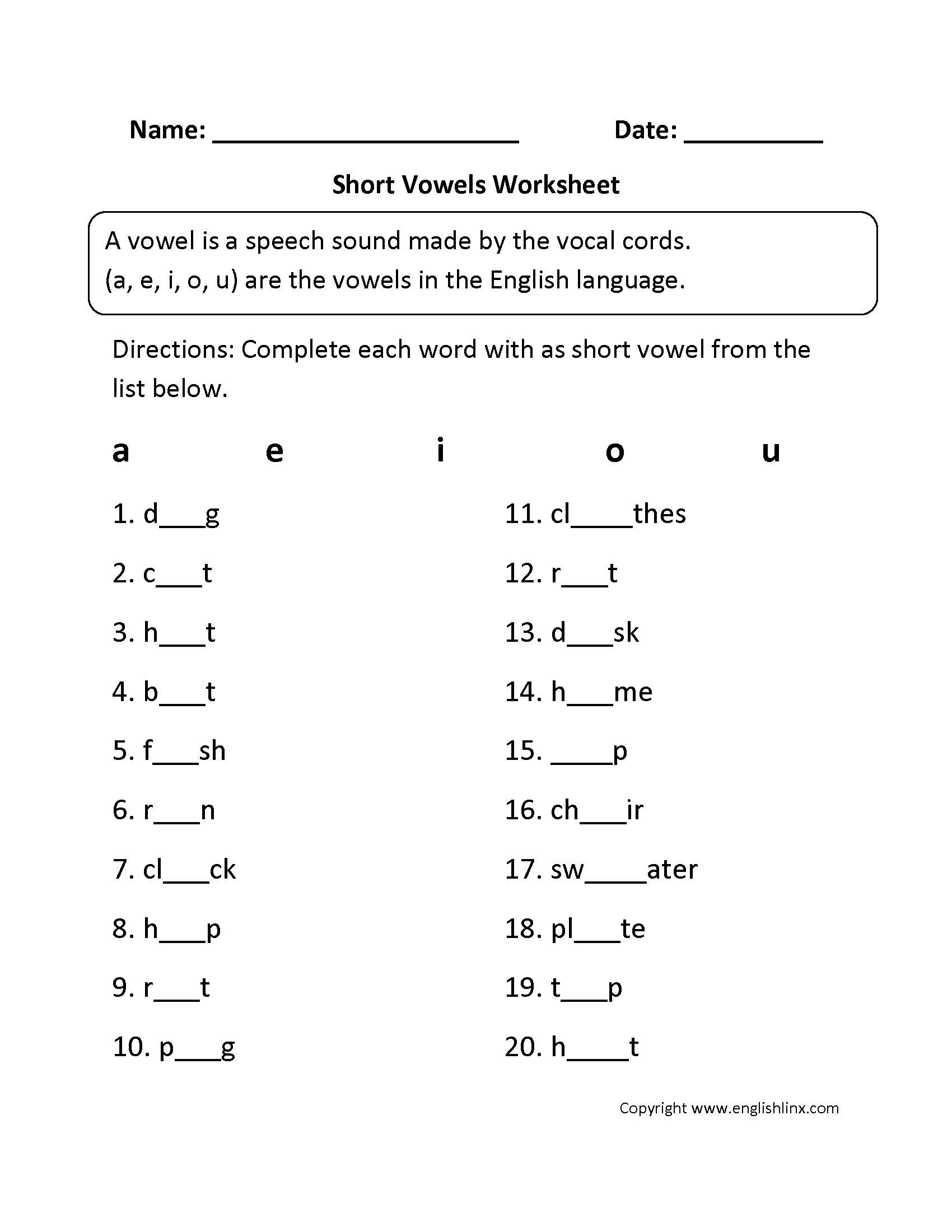 Short Vowels Worksheet Fill in the Blank Phonics Practice