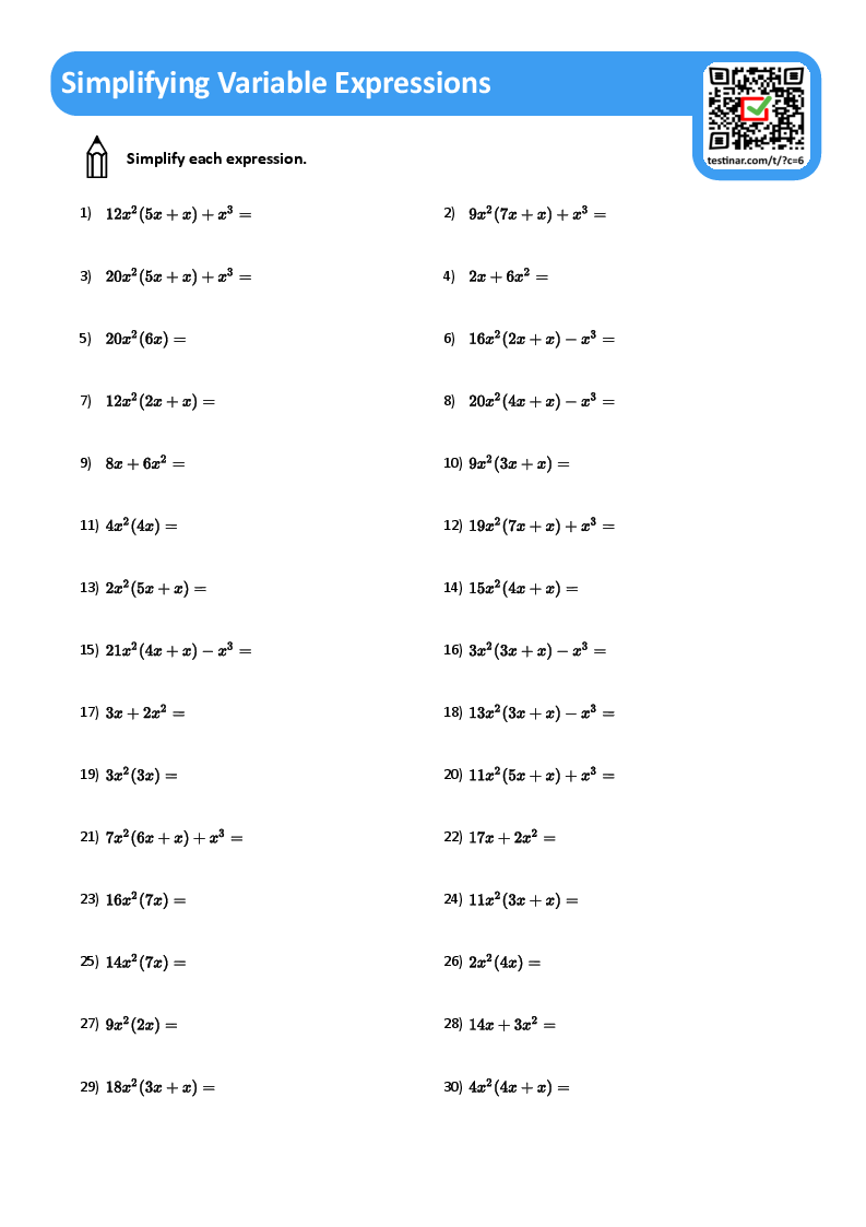 Simplifying Variable Expressions Worksheets