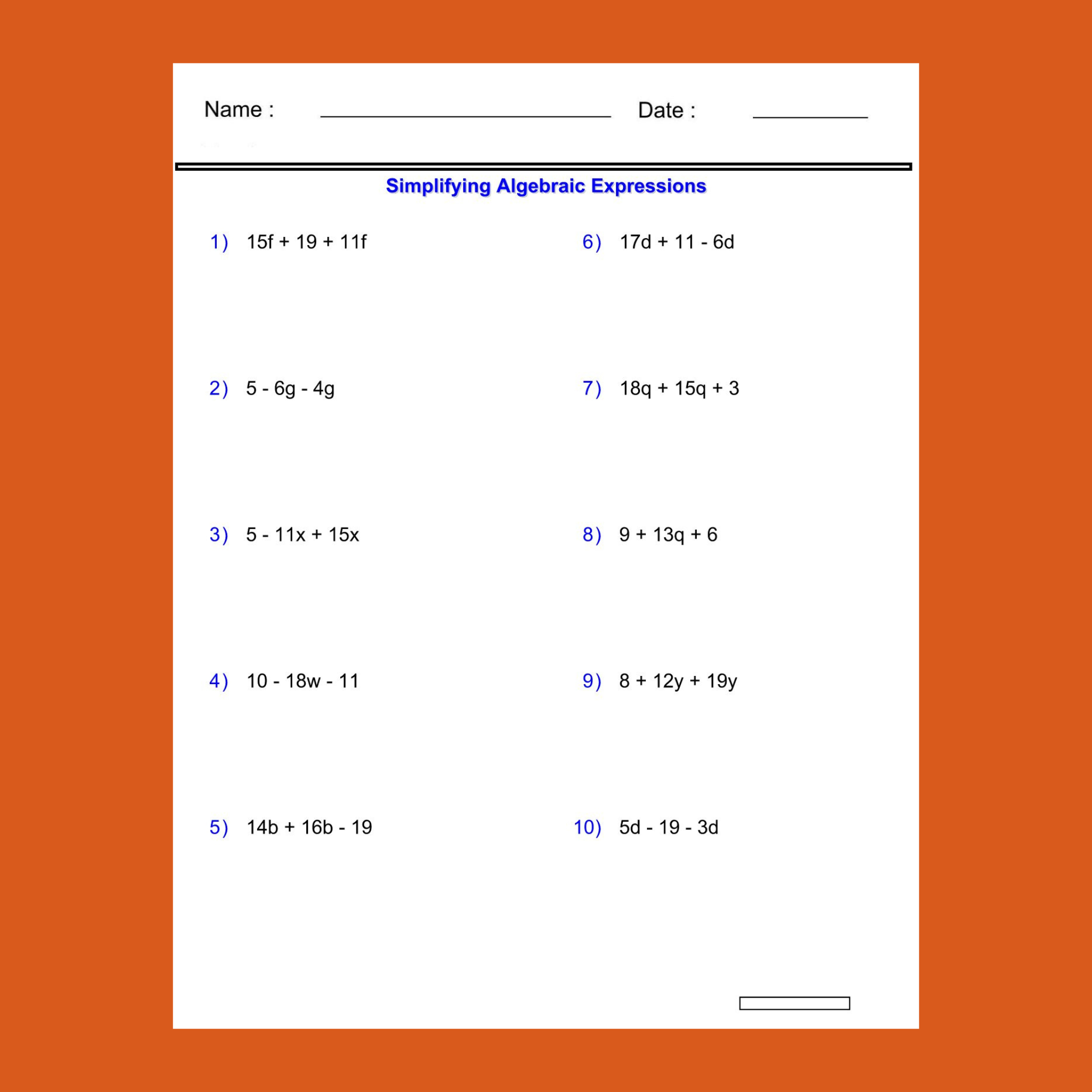 variables in math worksheets