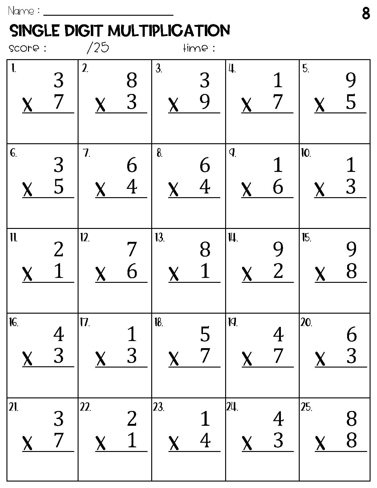 Single Digit Multiplication Worksheets Etsy