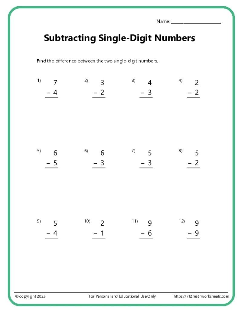 Single Digit Subtraction Worksheets K12 Math Worksheets