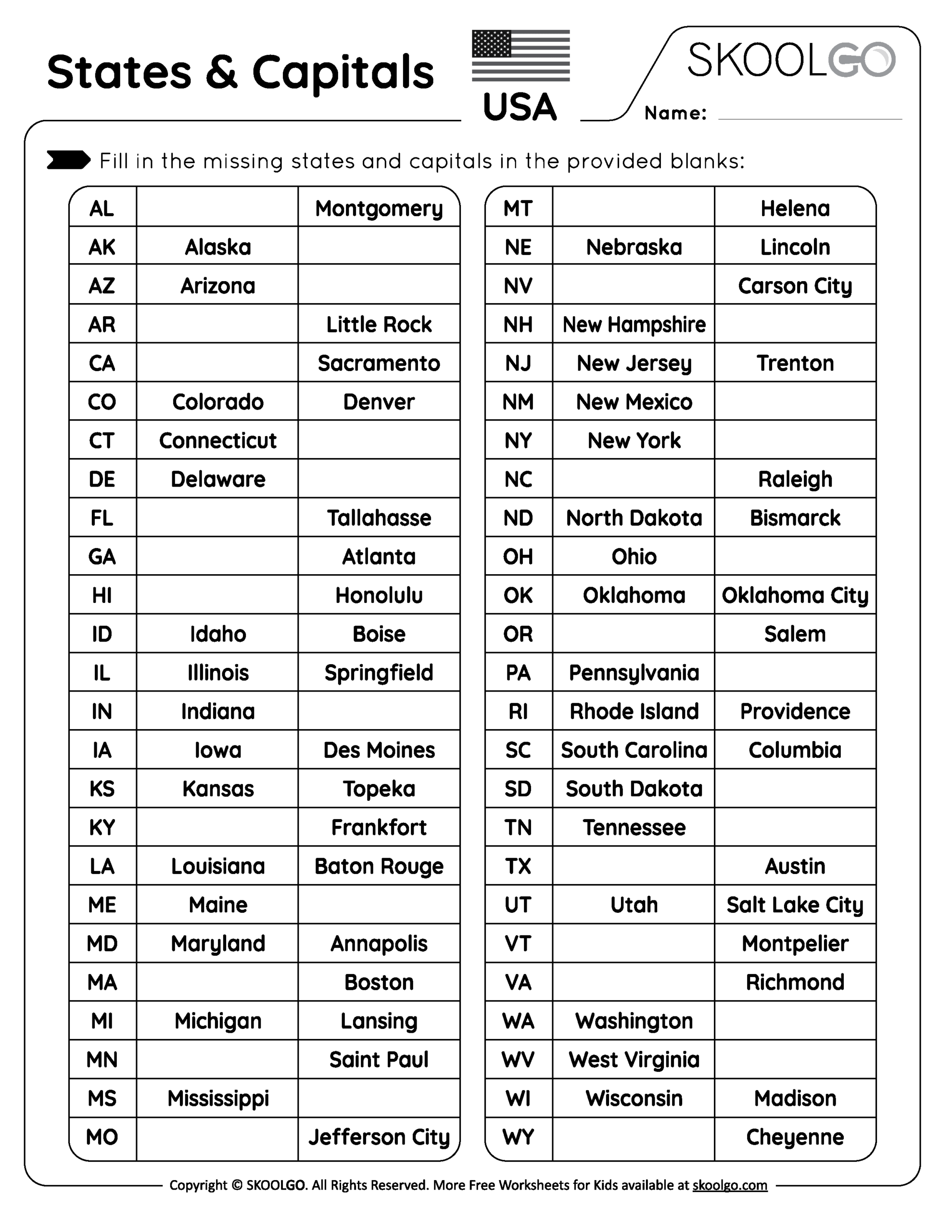 States And Capitals Free Worksheet For Kids SKOOLGO