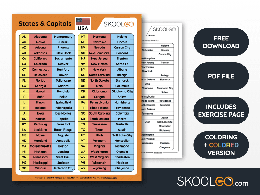 States And Capitals Free Worksheet For Kids SKOOLGO
