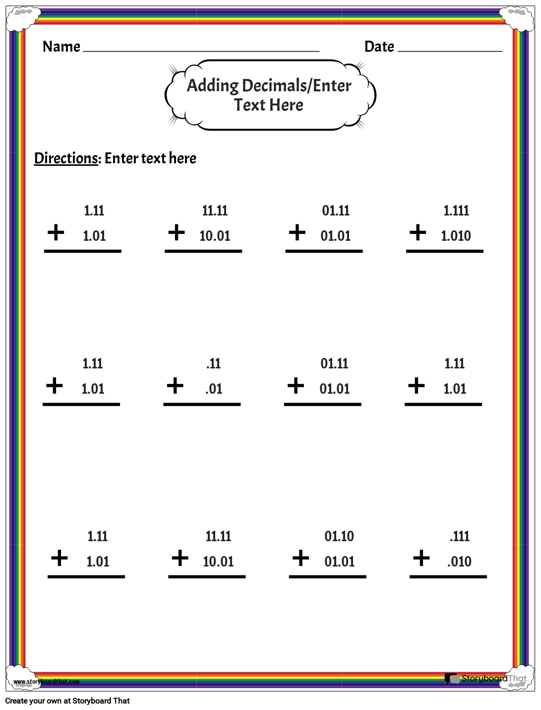 Storyboard That Free Decimals Worksheets