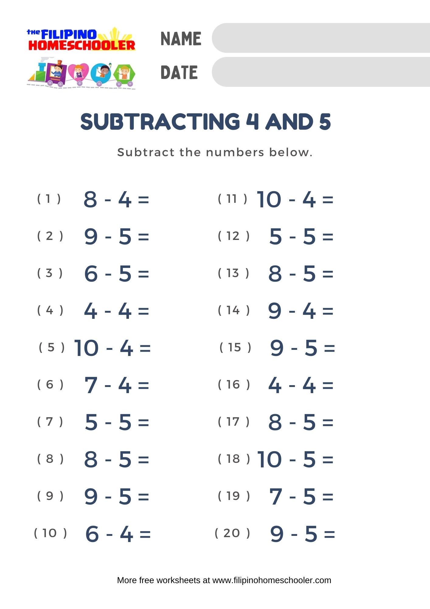 Subtraction By 4 And 5 Worksheet The Filipino Homeschooler