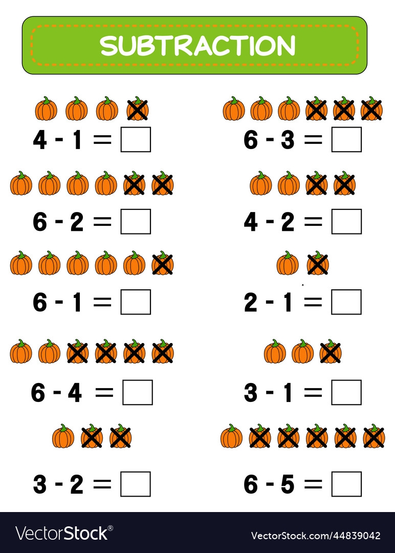 Subtraction Math Worksheet For Kids Developing Royalty Free Vector VectorStock