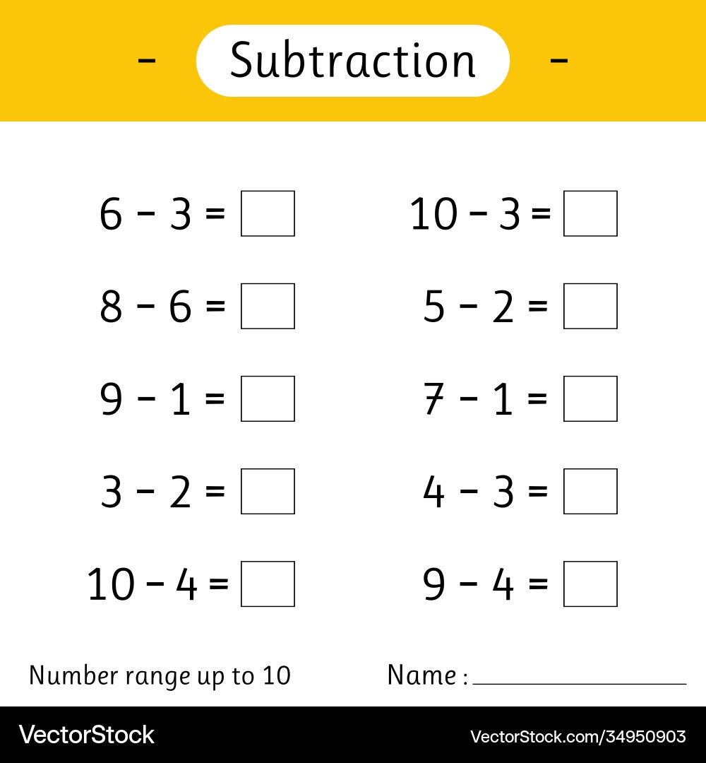 Subtraction Number Range Up To 10 Math Worksheet Royalty Free Vector VectorStock