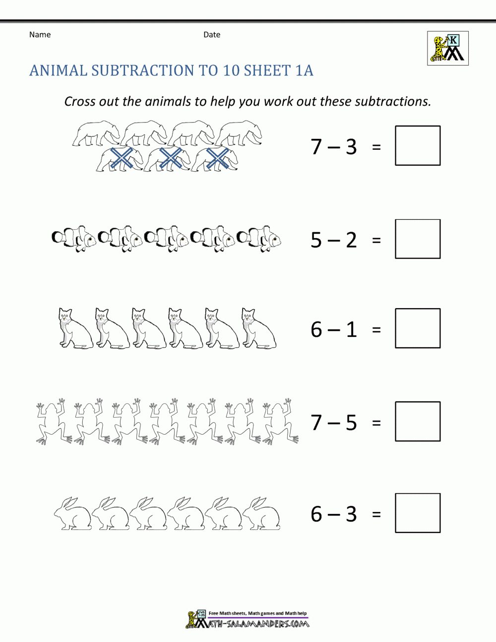 Subtraction To 10 Worksheets