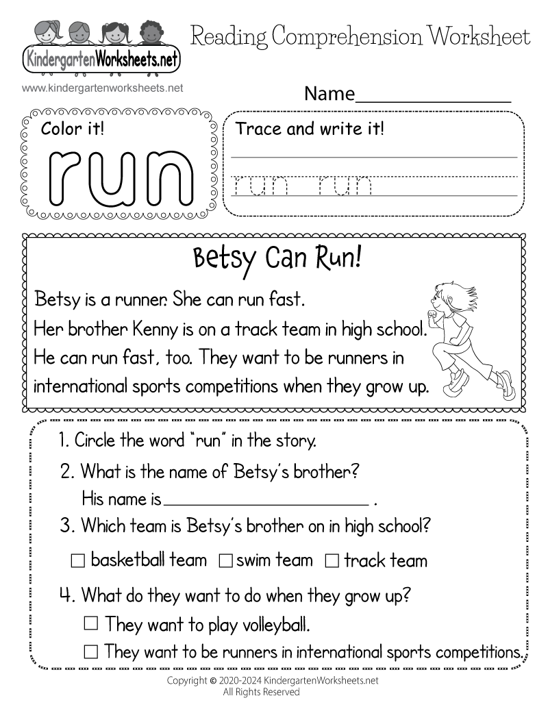 reading comprehension worksheet kindergarten