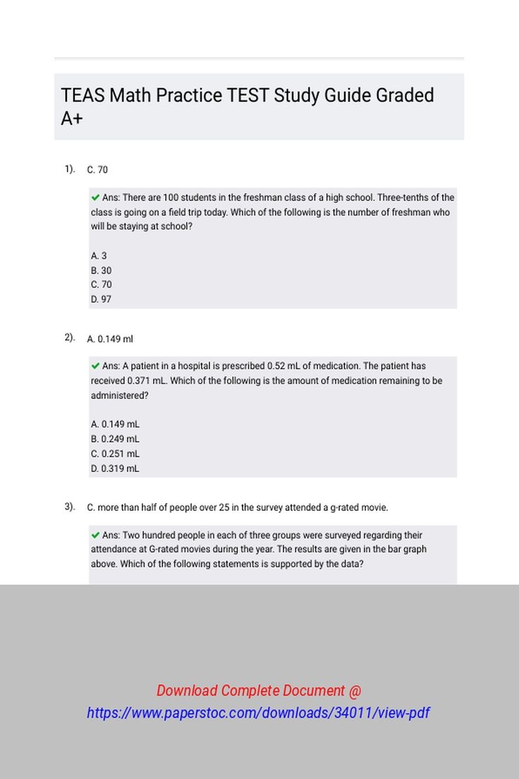 TEAS Math Practice TEST Study Guide Graded A