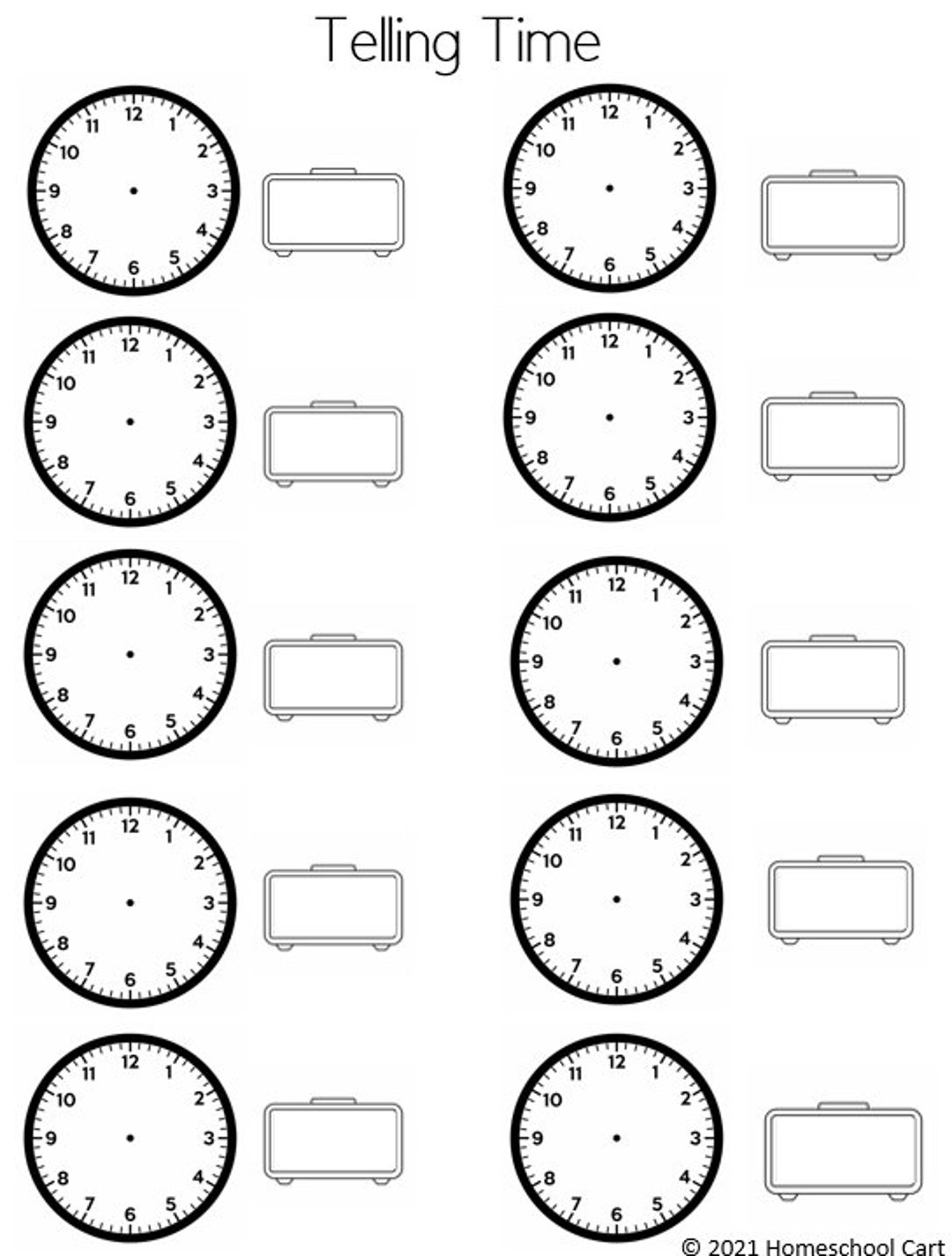 Telling The Time Blank Clocks Worksheet Template Etsy