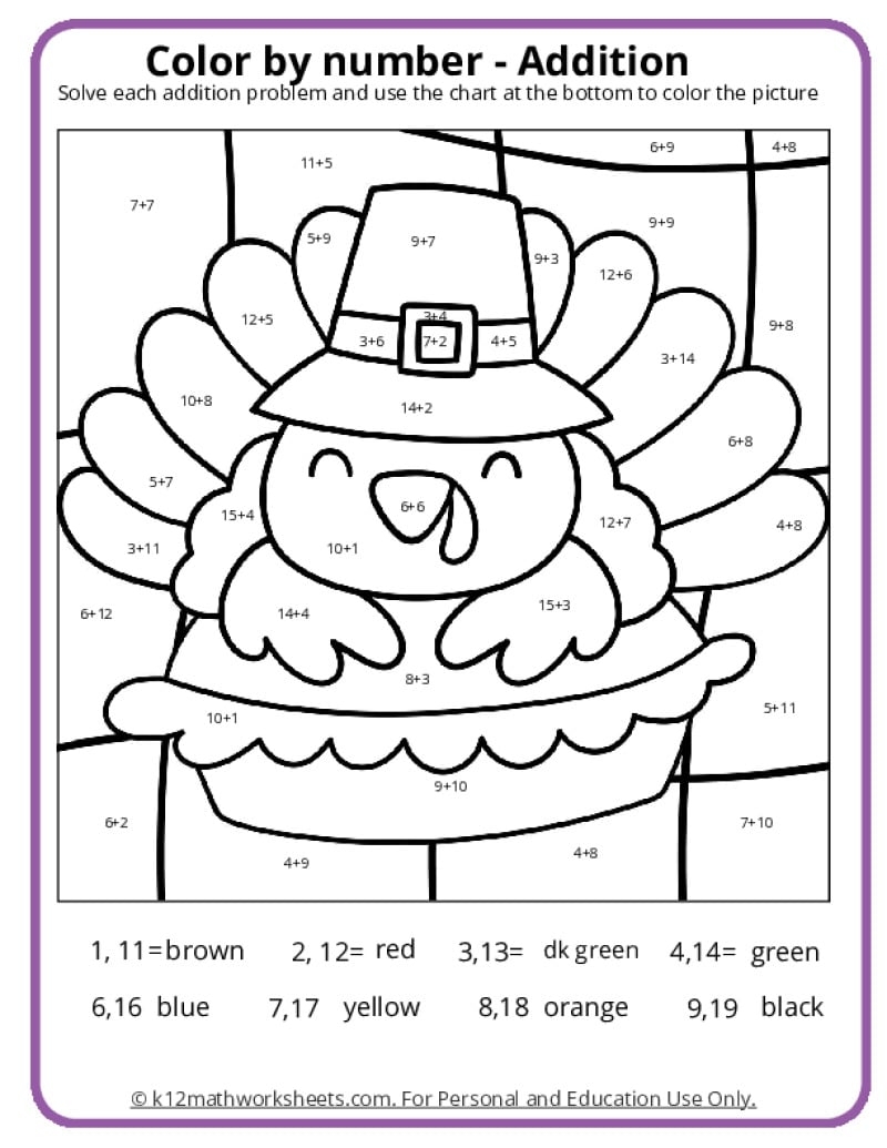 Thanksgiving Color By Number Pages K12 Math Worksheets