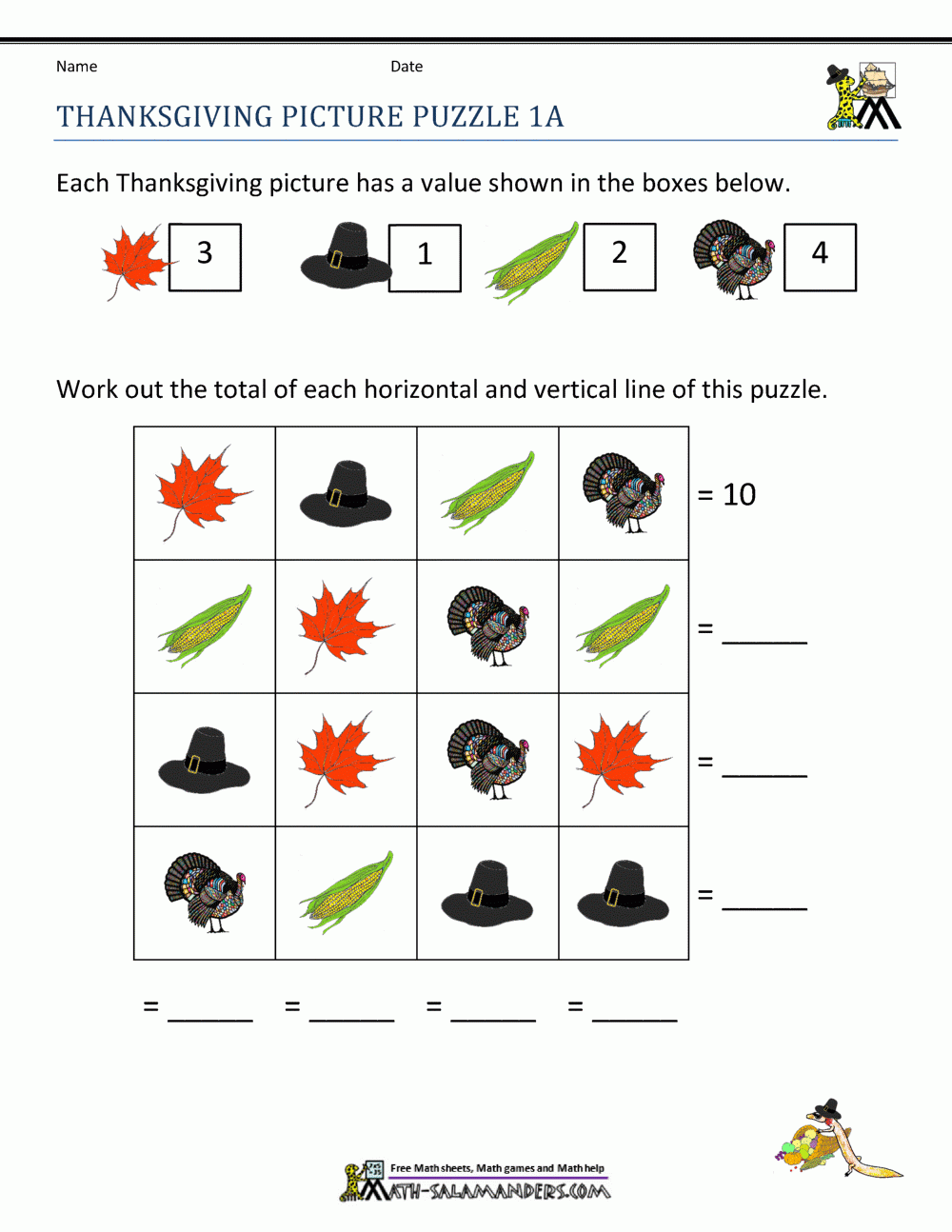 math worksheets thanksgiving