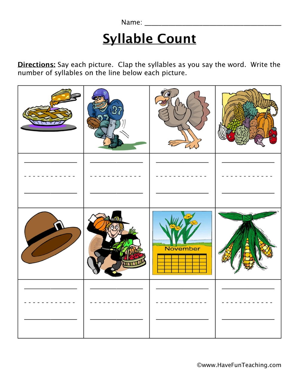 kindergarten worksheets syllables