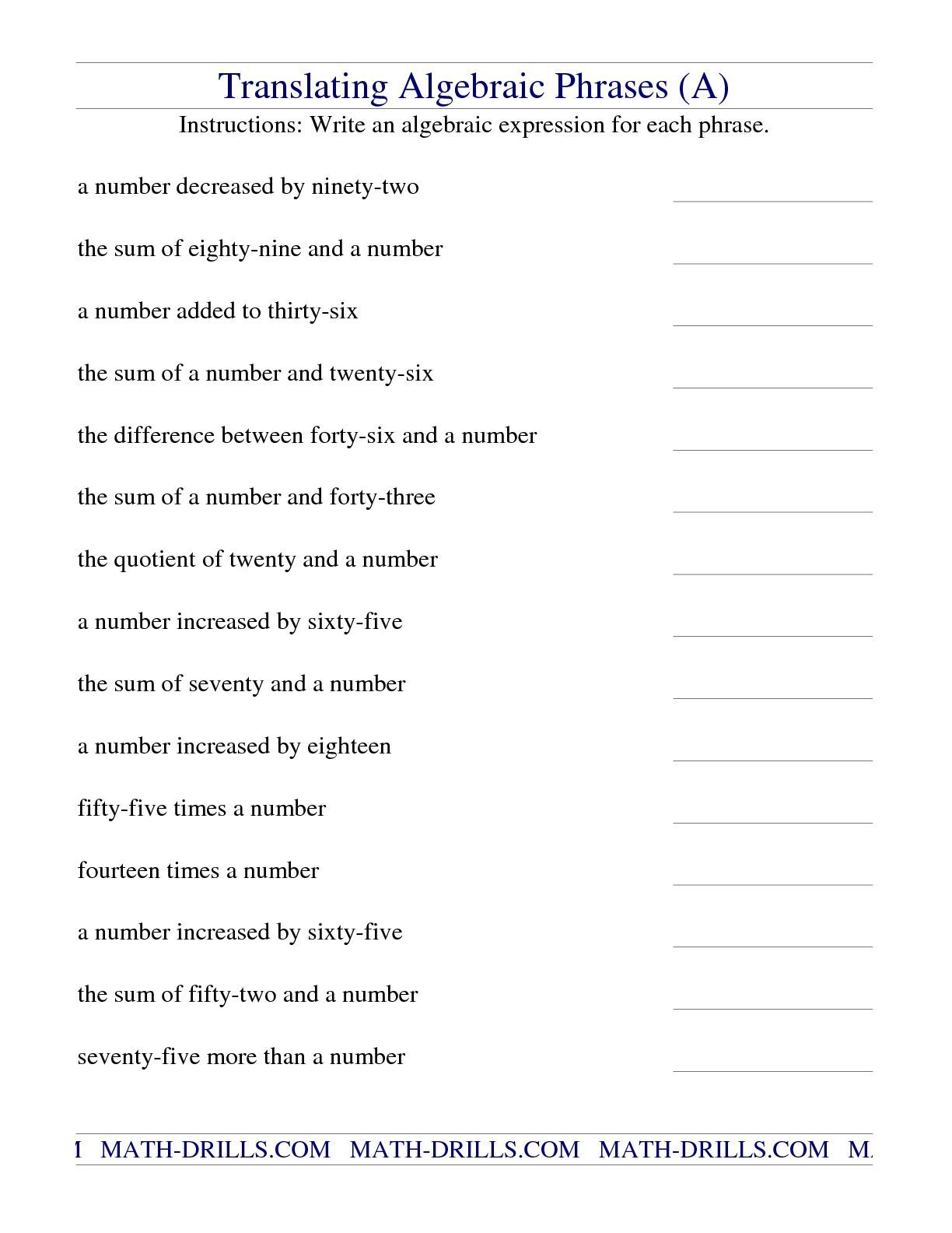 The Translating Algebraic Phrases A Math Worksheet From The Worksheets Library The Translating Algebraic Phrases A Math Worksheet From The Worksheets Library