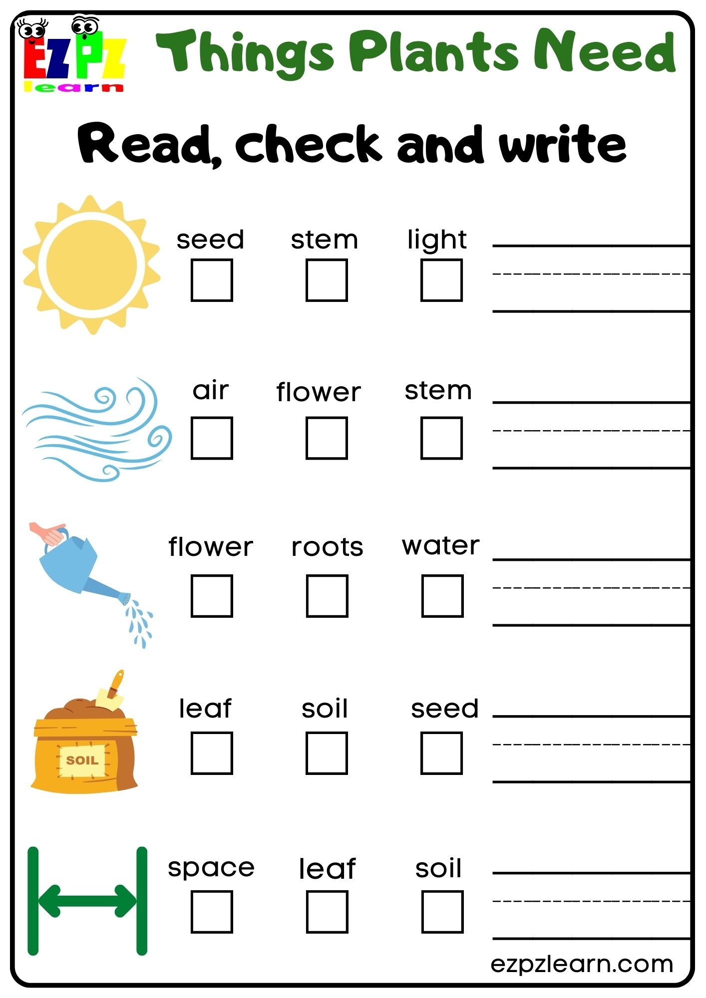 Things Plants Need Vocabulary Worksheet Read Check And Write Activity For Kindergarten And ESL Students Free Printable PDF Download Ezpzlearn
