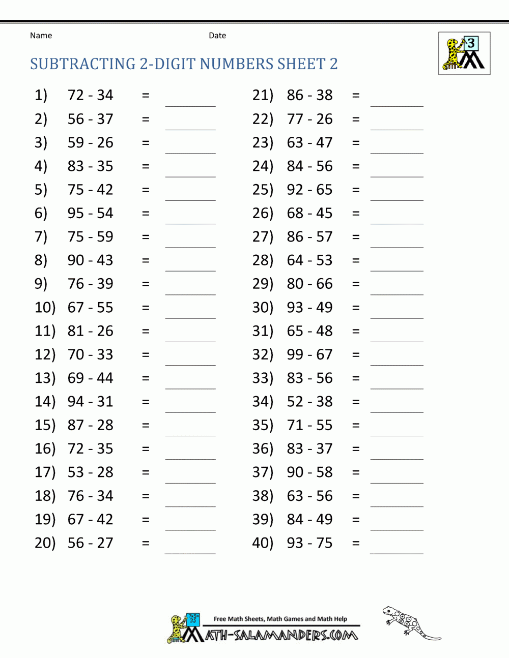 Third Grade Subtraction Worksheets