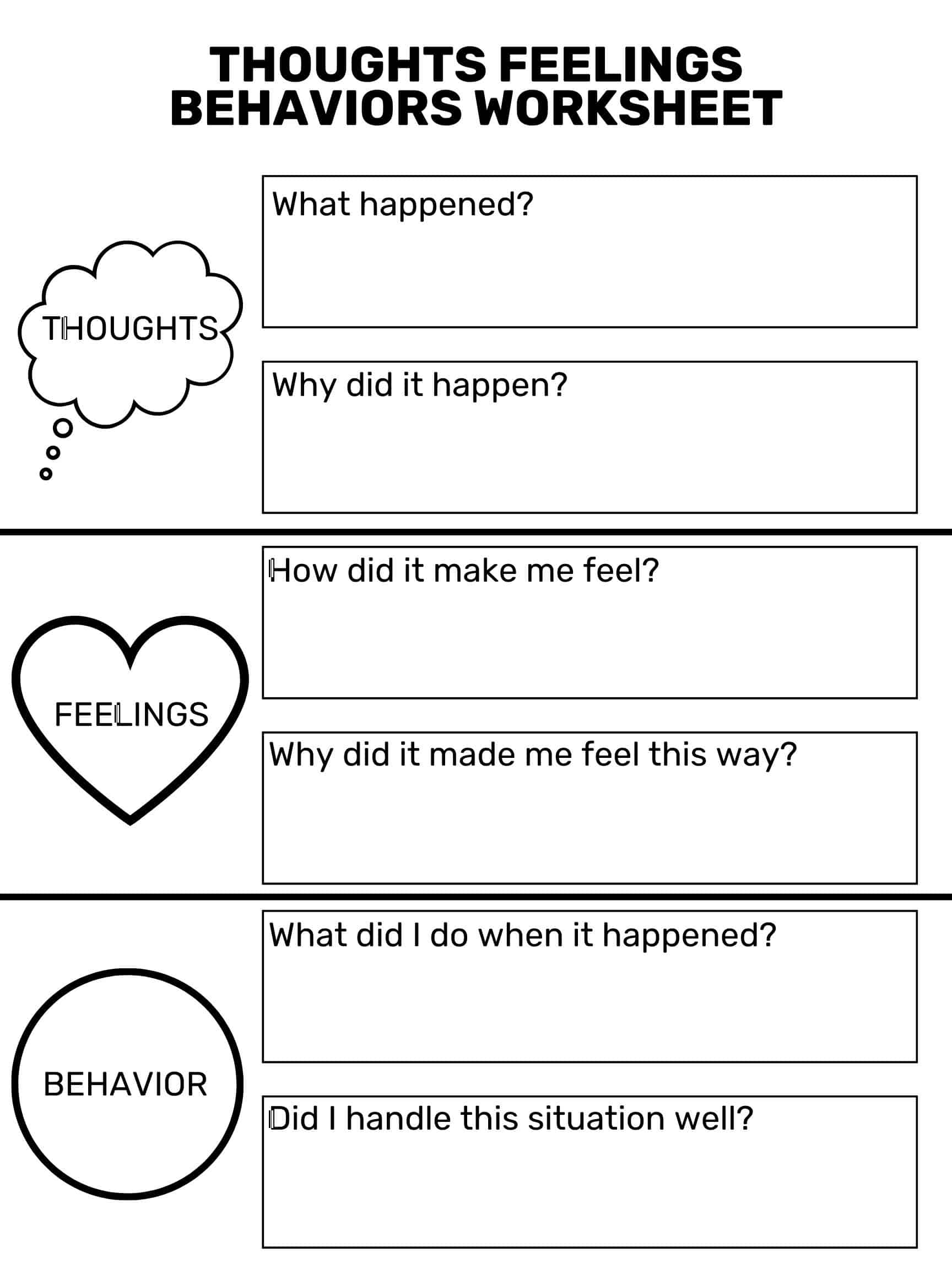 Thoughts Feelings Behaviors Worksheet Free Printable Goally