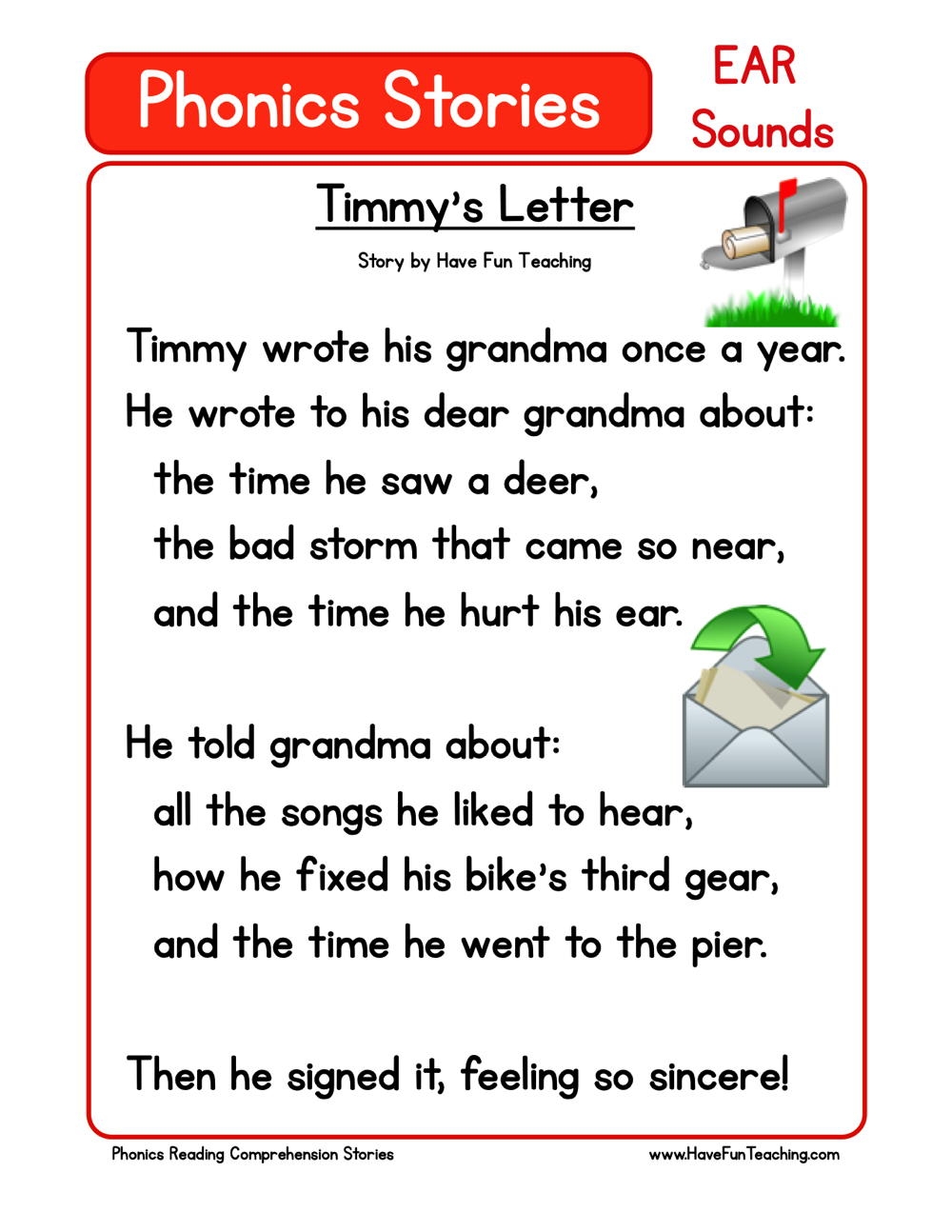 Timmy s Letter Phonics Reading Comprehension Story Worksheet EAR Sound Have Fun Teaching