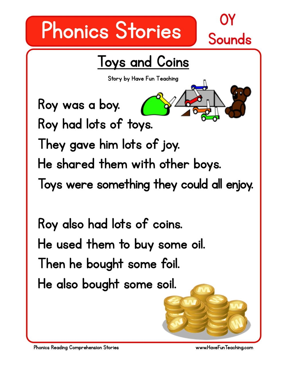 Toys And Coins Phonics Reading Comprehension Story Worksheet OY Sound Have Fun Teaching