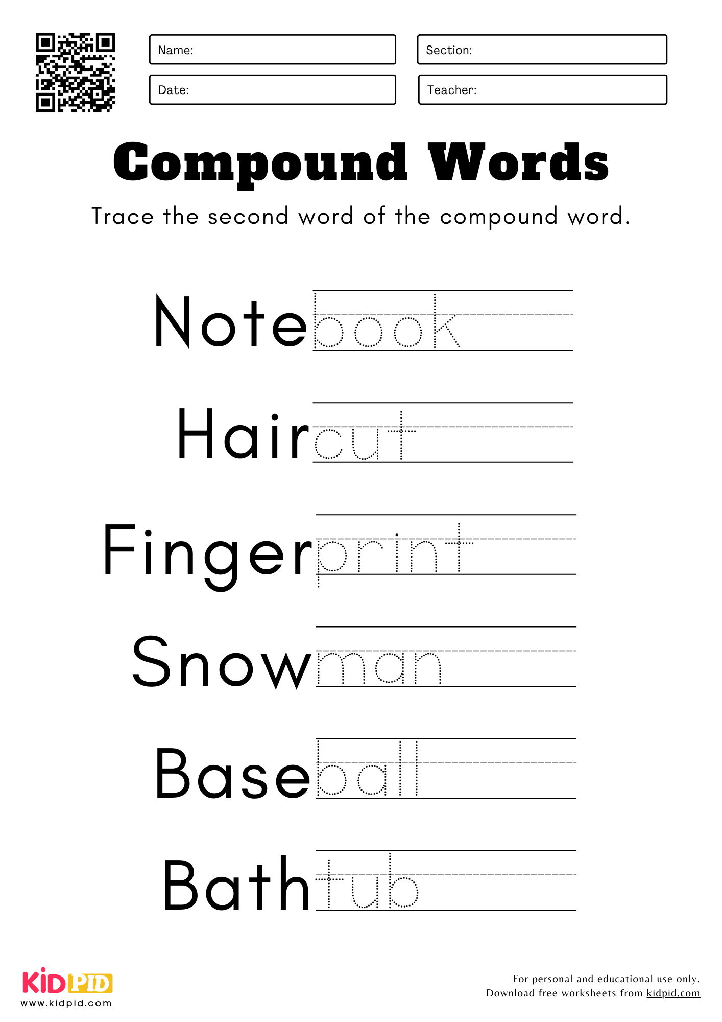 Trace The Compound Words Worksheet For Kindergarten Kidpid