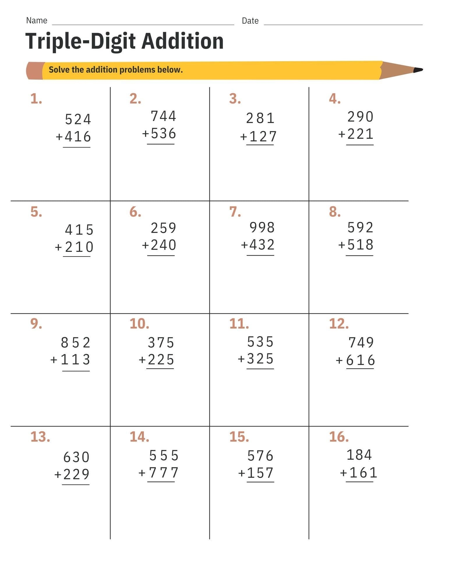 three digit math worksheets
