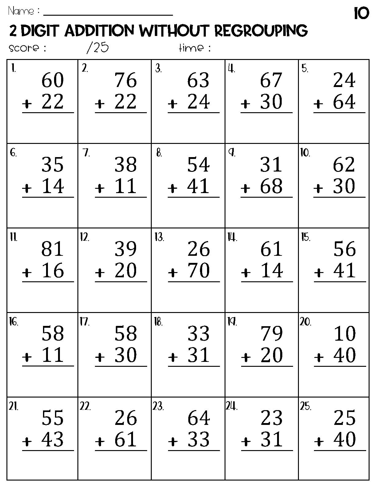Two Digit Addition Without Regrouping Worksheets Etsy