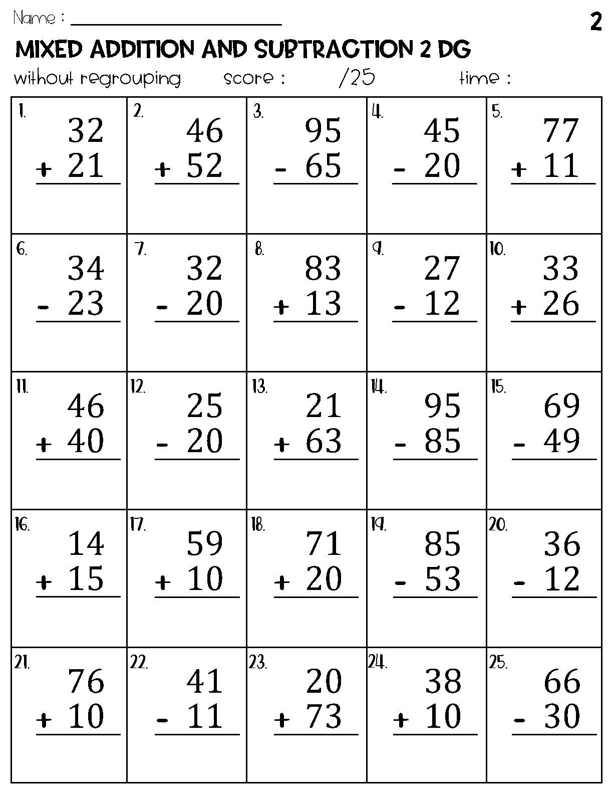 Two Digit Mixed Addition And Subtraction Without Regrouping Worksheets Etsy