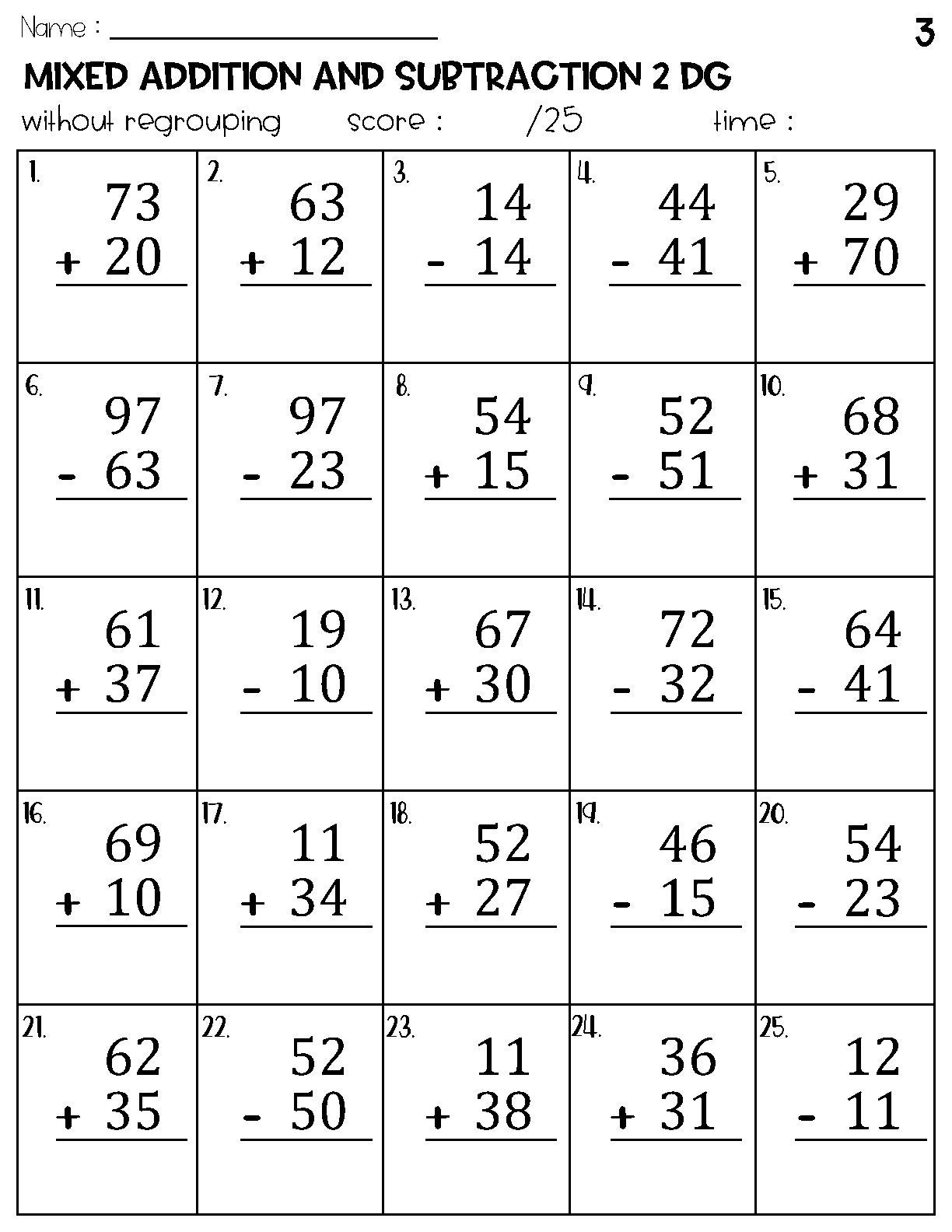 Two Digit Mixed Addition And Subtraction Without Regrouping Worksheets Etsy