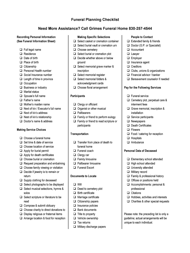 TX Grimes Funeral Chapels Funeral Planning Form Fill Online Printable Fillable Blank PdfFiller