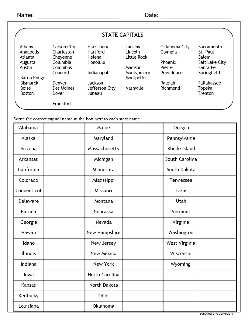 free printable state and capital worksheets