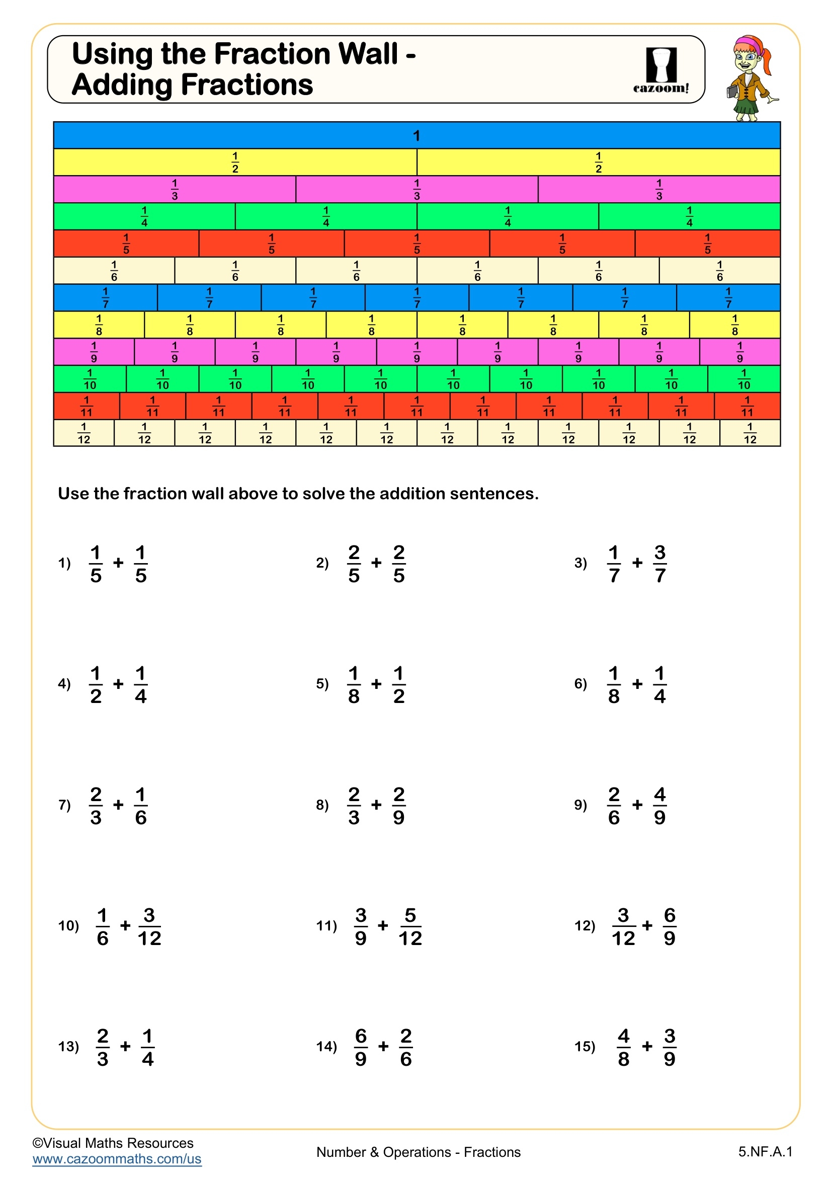 Using A Fraction Wall Adding Fractions Worksheet Fun And Engaging 5th Grade Number Operations Worksheet Cazoom Math