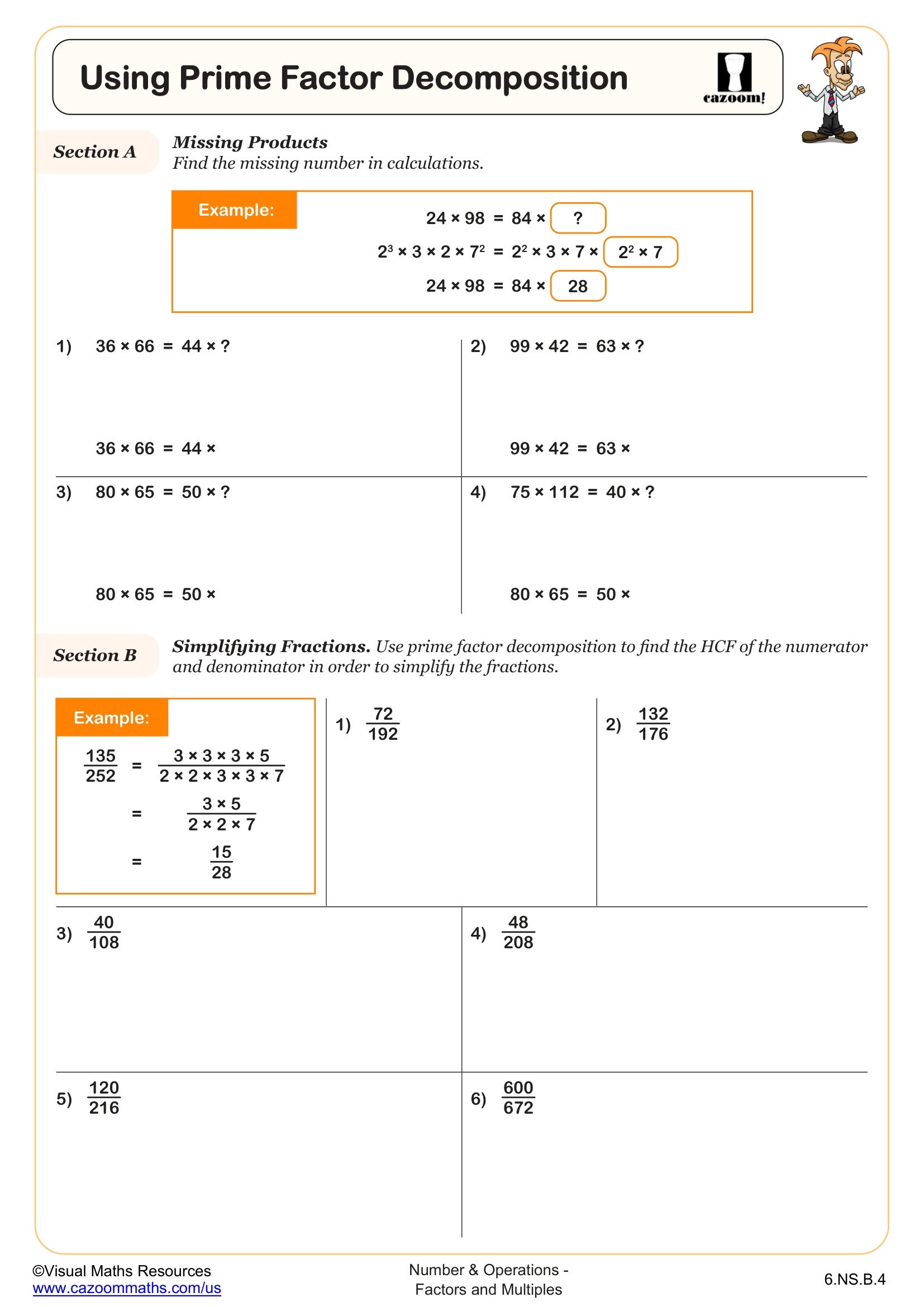 Using Prime Factor Decomposition Worksheet Fun And Engaging 6th Grade Number Operations Worksheet Cazoom Math