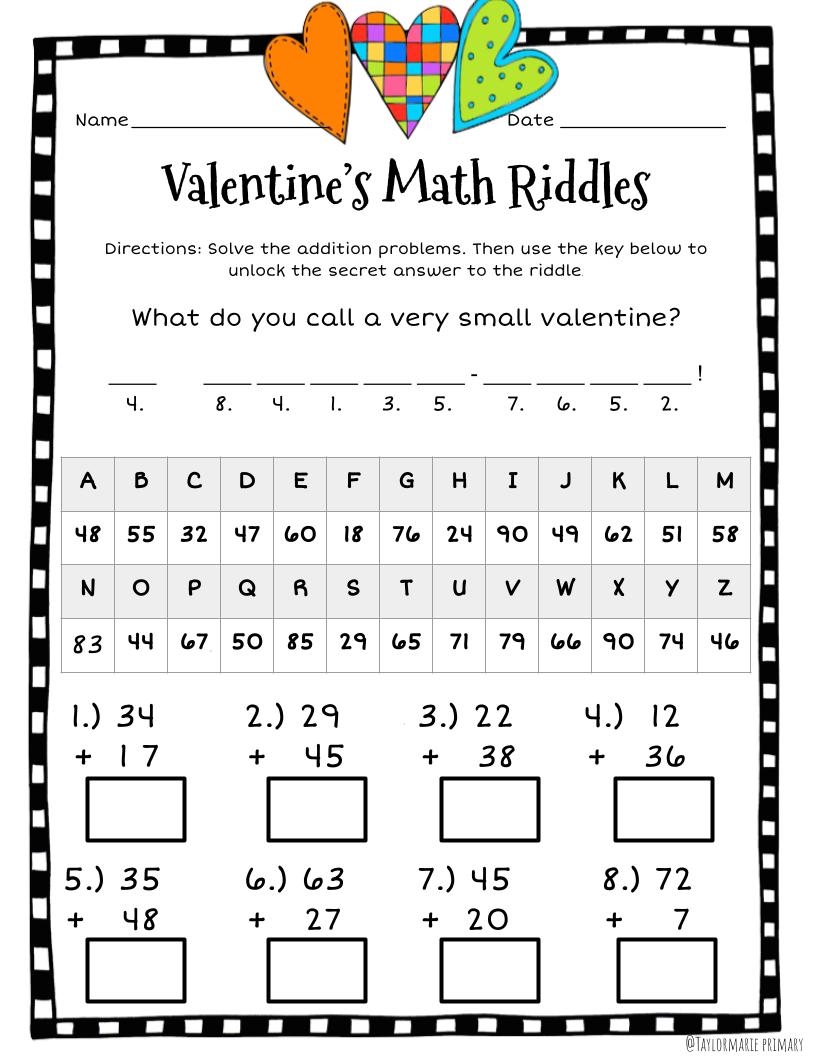 Valentine s Day Math Riddle Worksheets Two Digit Addition Mixed Regrouping Made By Teachers Valentine s Day Math Riddle Worksheets Two Digit Addition Mixed Regrouping Made By Teachers