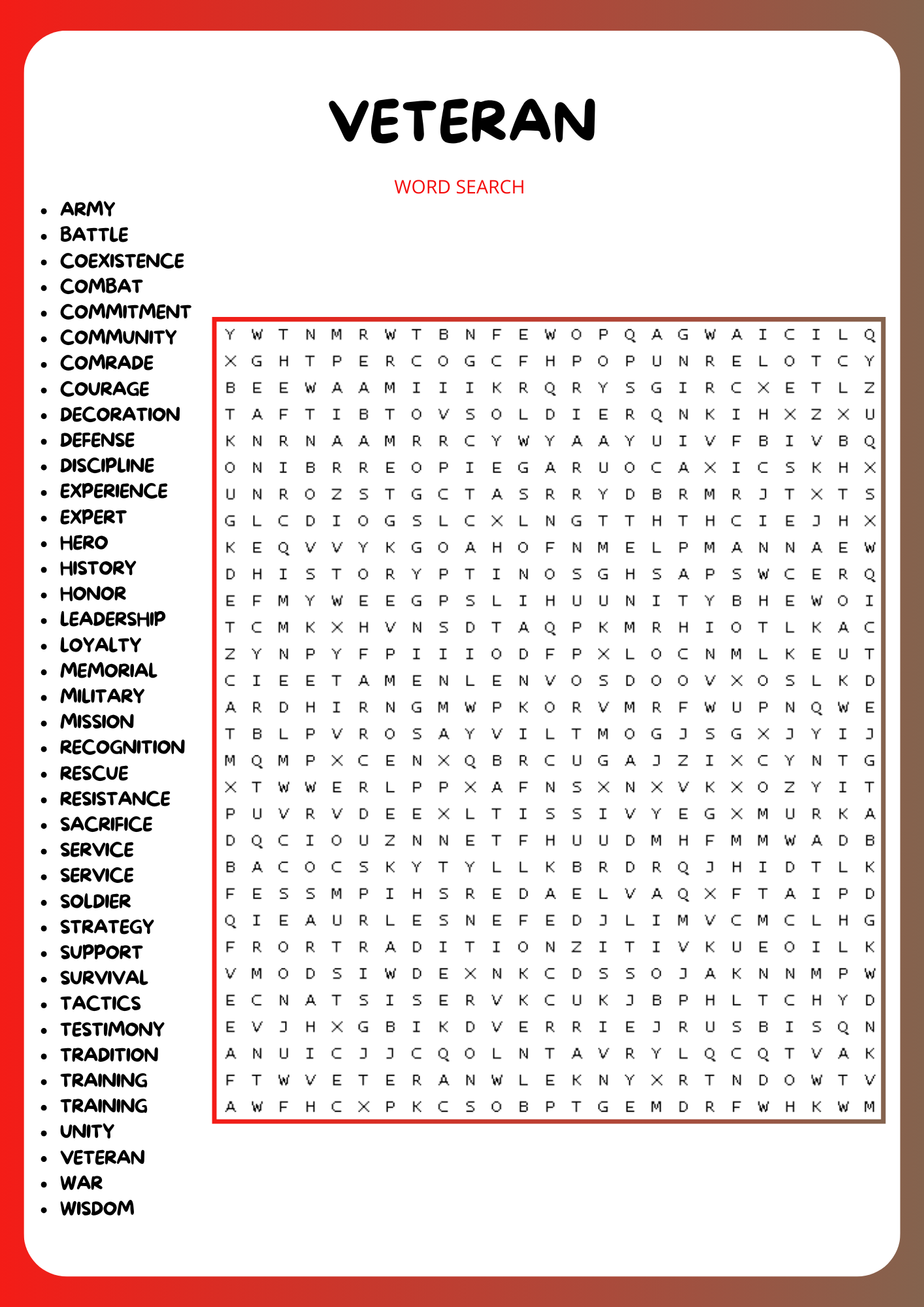 VETERAN DAY WORD SEARCH PUZZLE WORKSHEET ACTIVITY Made By Teachers