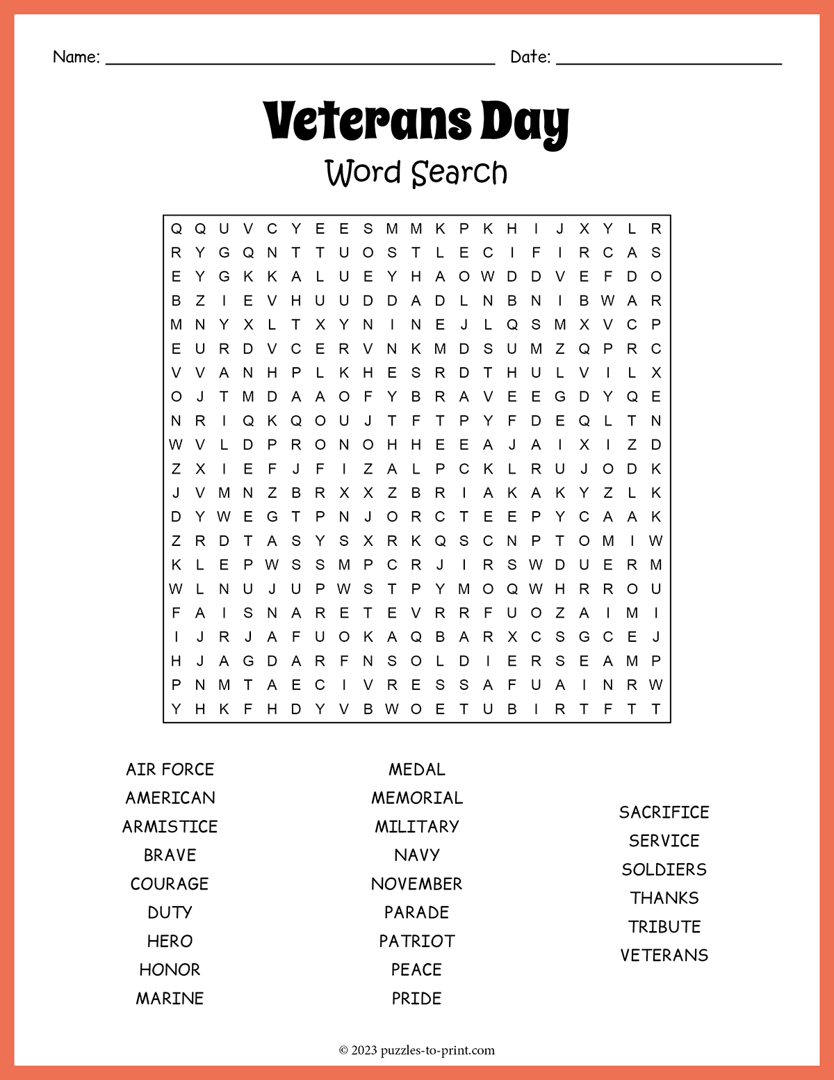 Veterans Day Word Search