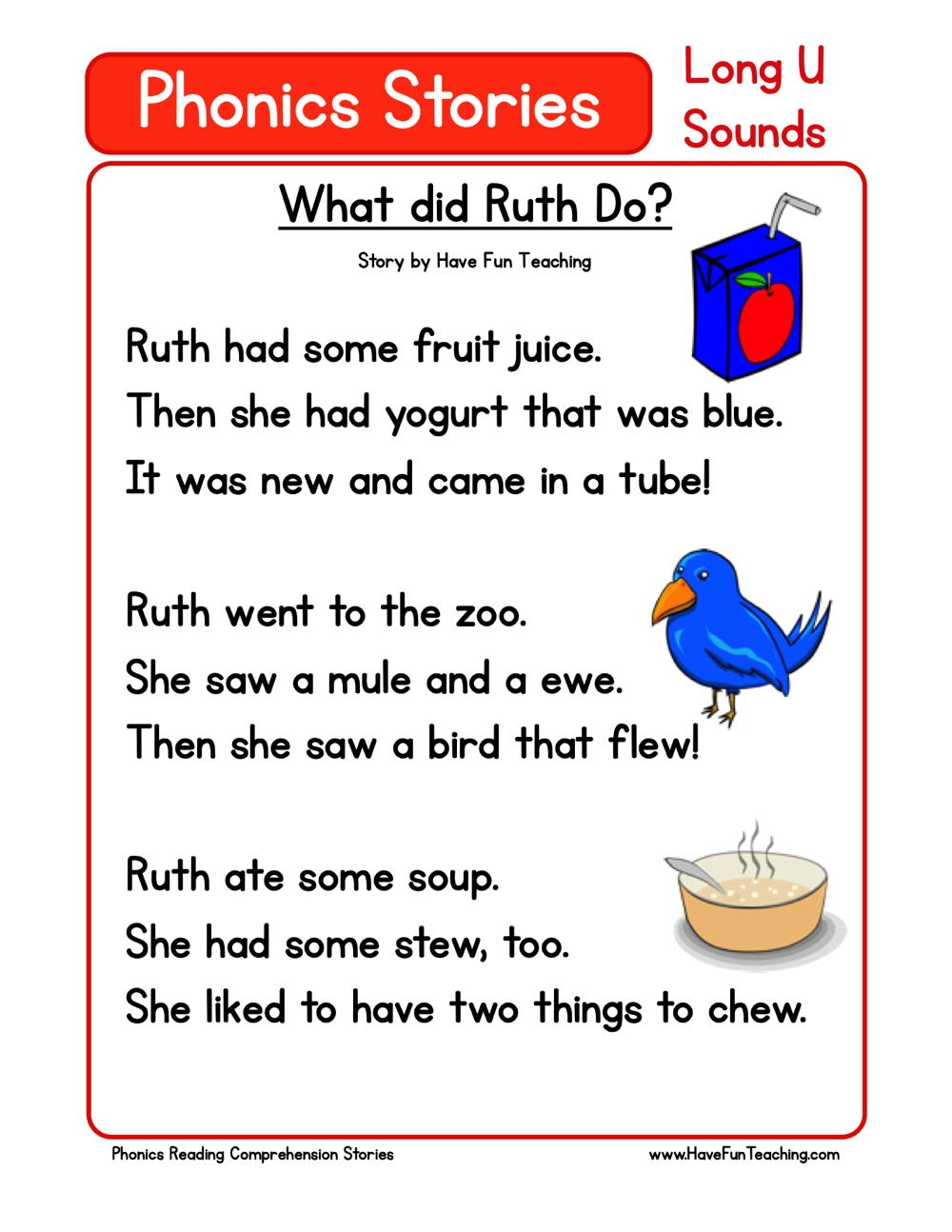 What Did Ruth Do Phonics Reading Comprehension Story Worksheet Long Vowel U Sound Have Fun Teaching