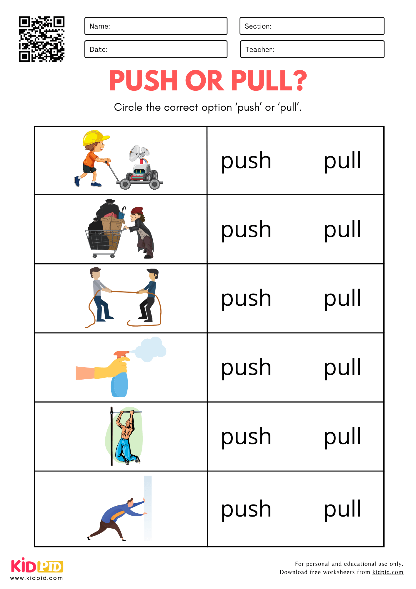 Worksheet Salomon Active Push Or Pull Identification Worksheet For Kindergarten Kidpid