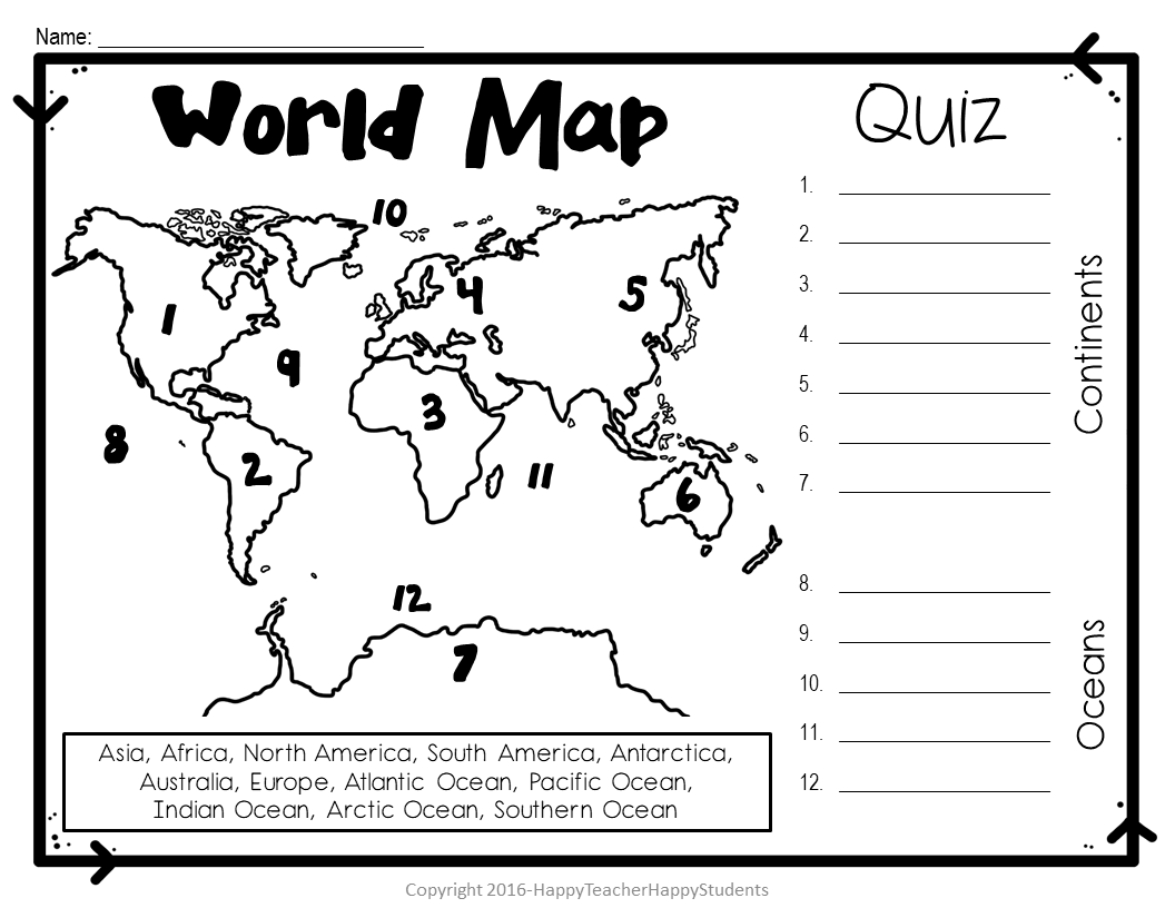 World Map World Map Quiz Test And Map Worksheet 7 Continents And 5 Oceans Made By Teachers