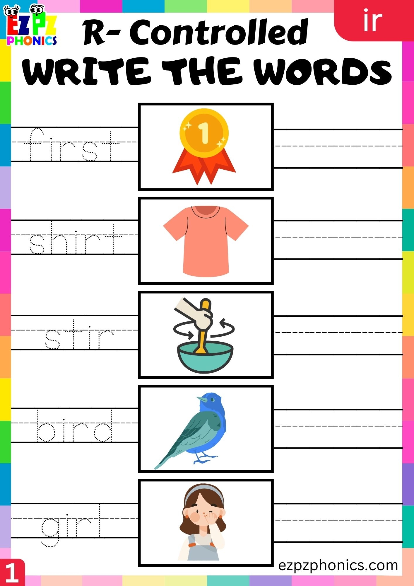 Write The Words Activity For Ir Words R Controlled Vowels Phonics Group 1 Ezpzphonics